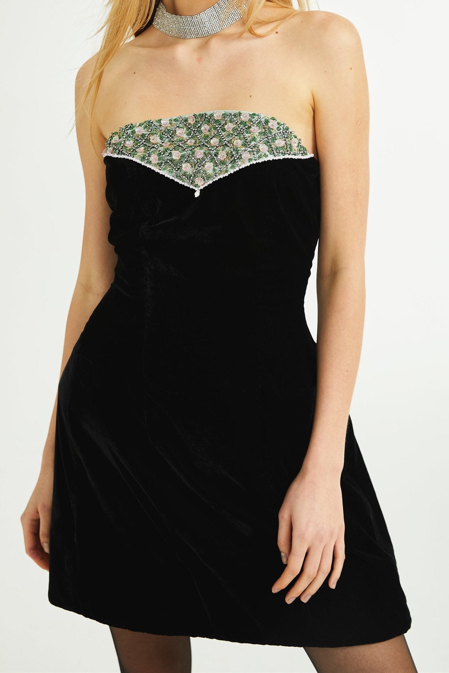 Céline Crystal Embellished Velvet Dress for Women - Elegant Evening Gown for Parties, Weddings & Special Occasions