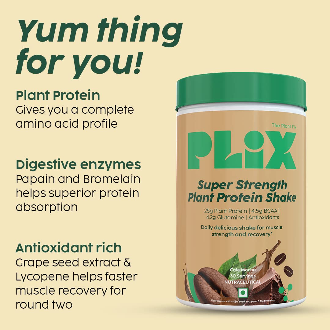 PLIX Vegan Plant Protein Powder - 25g Pea & Brown Rice Protein Blend, 1KG Cafe Mocha Flavor | Sugar Free, Gluten Free Plant-Based Protein Supplement for Smoothies, Baking & Post-Workout Recovery