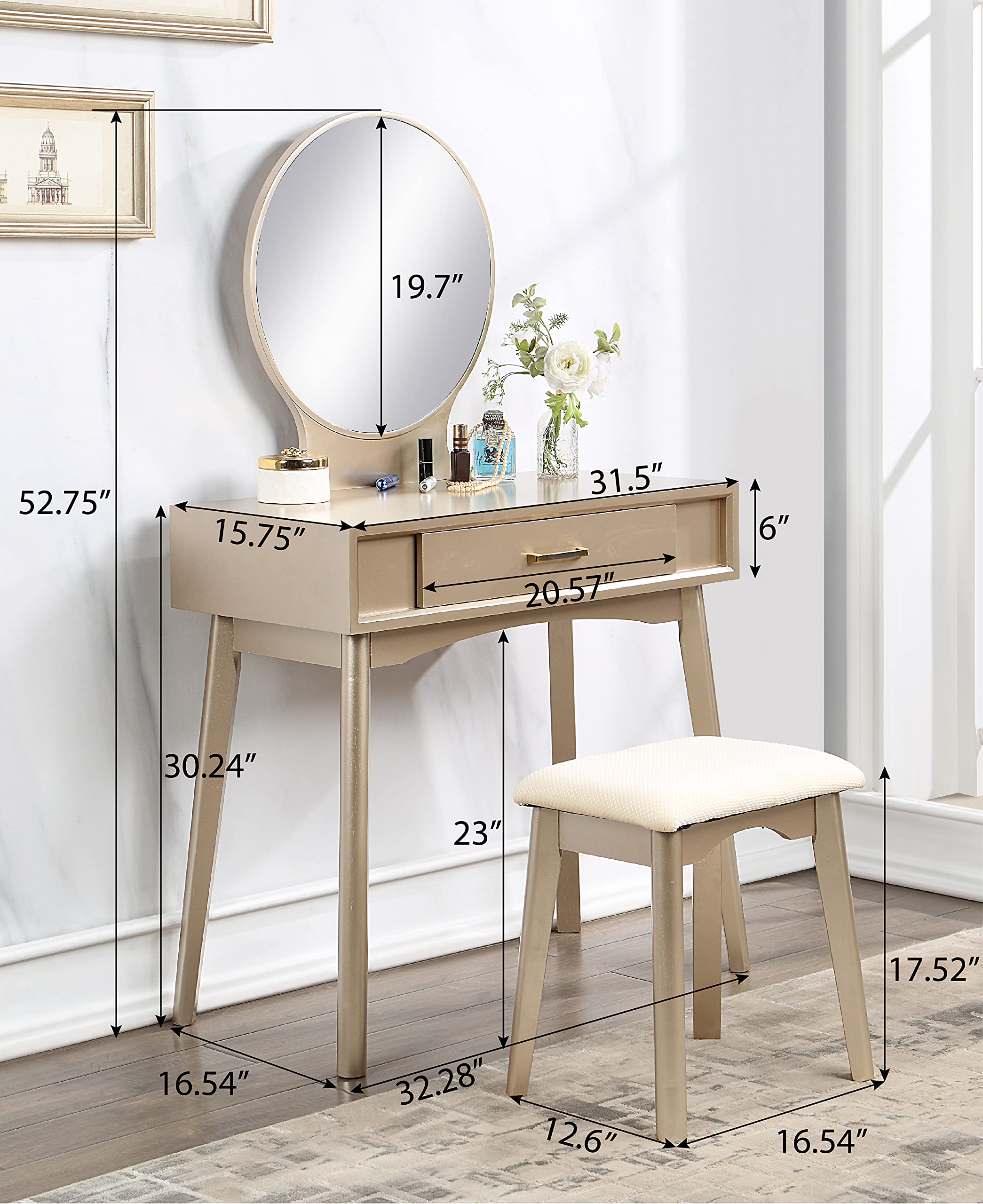 Roundhill Furniture Maly Contemporary Wood Vanity and Stool Set with Mirror in Gold - Perfect for Bedroom, Bathroom & Dressing Room Makeup Vanity Set