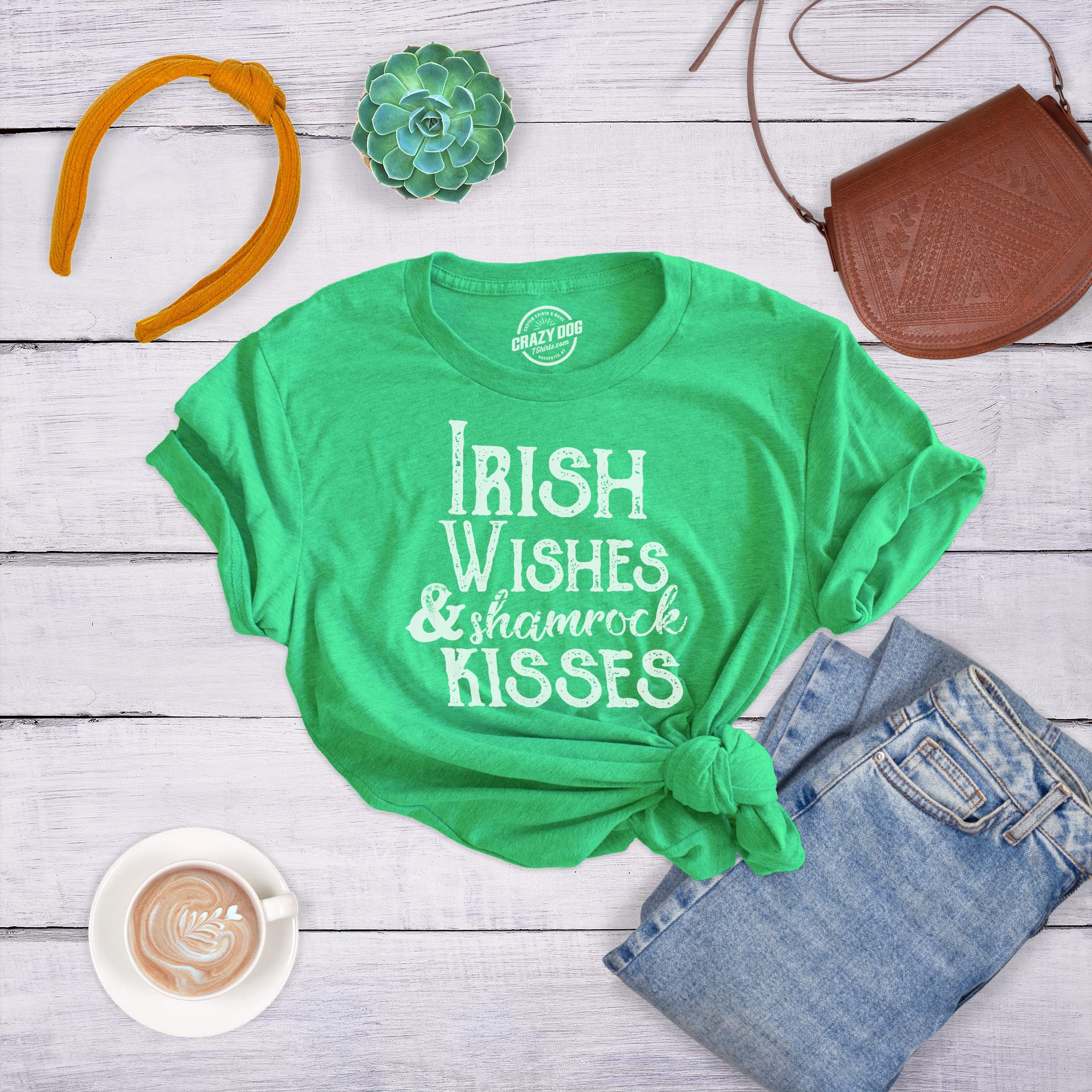 Funny Women's Irish Wishes & Shamrock Kisses St. Patrick's Day T-Shirt - Perfect for Parties, Parades & Irish Pride Celebrations