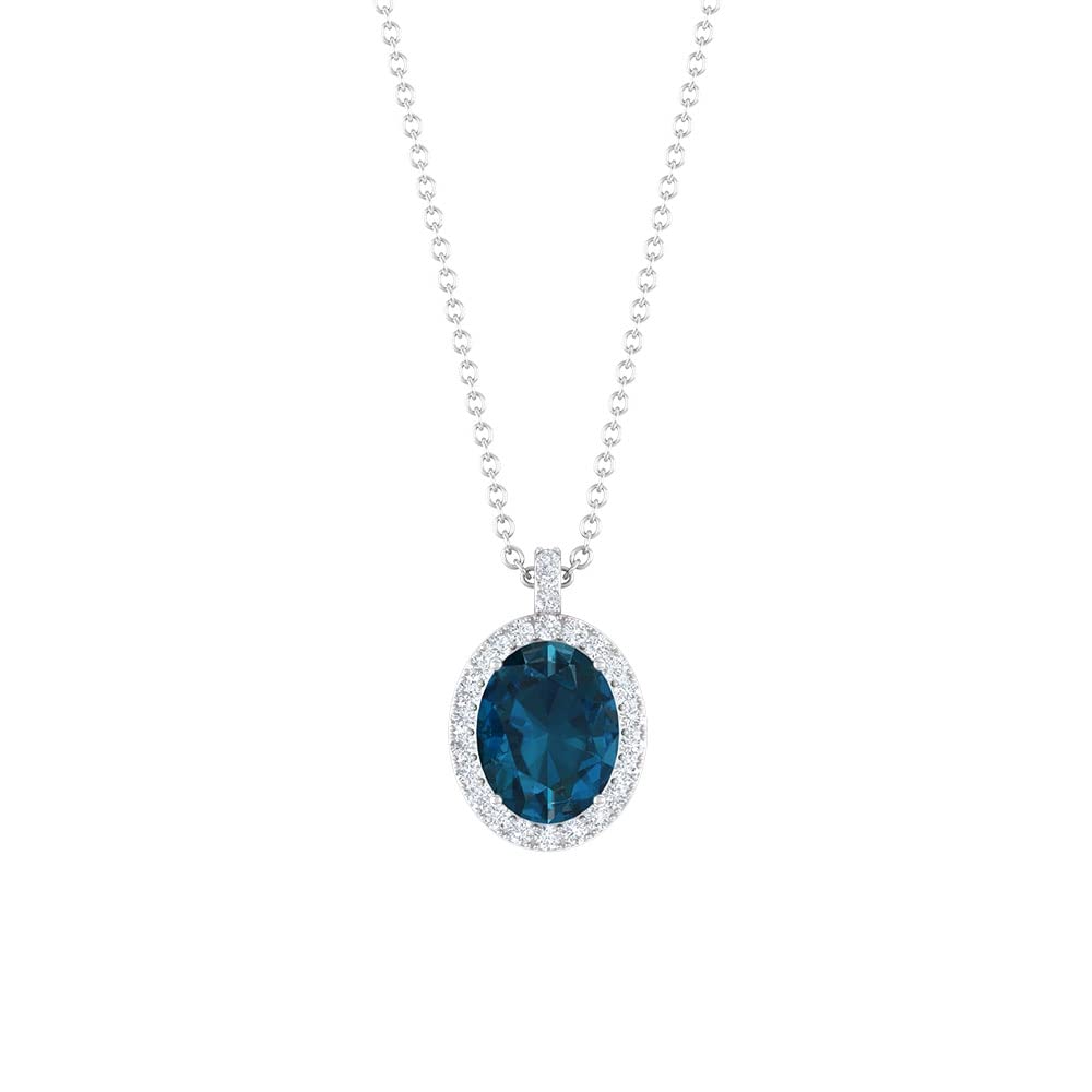 2 CT London Blue Topaz Pendant Necklace for Women - 14K Solid Gold with Diamond Halo - Elegant Blue Topaz Jewelry Gift for Anniversary, Birthday & Special Occasions