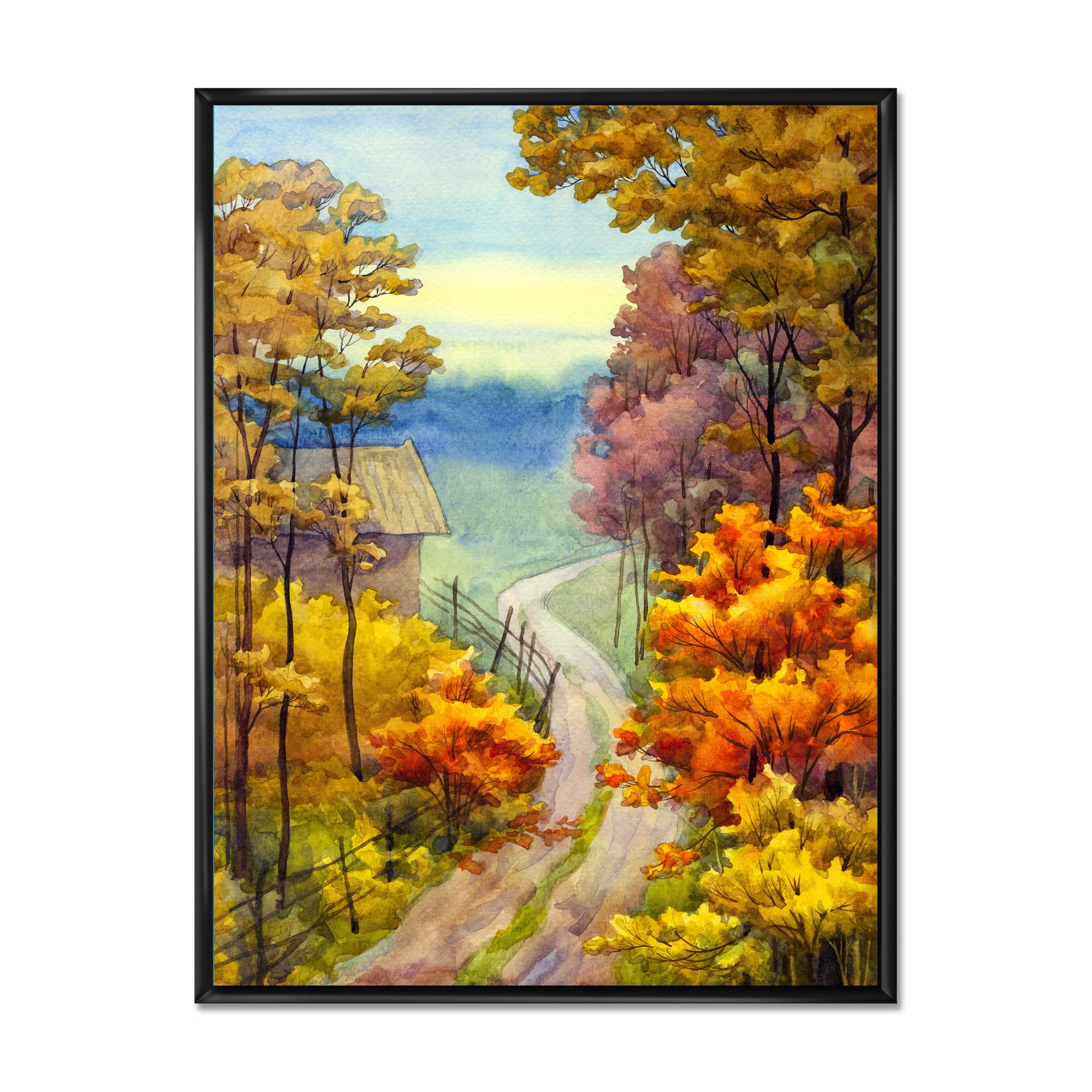DesignQ Vibrant Autumn Lake House Framed Canvas Wall Art Print - Rustic Home Decor for Living Room, Bedroom & Office