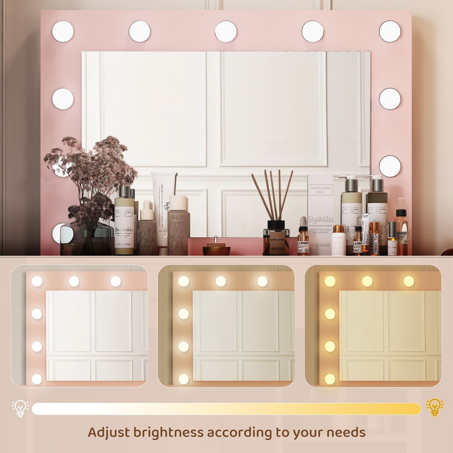 Pink Vanity Desk with Mirror, Large Drawer & Built-in Power Outlet - 11 LED Bulbs, 3 Adjustable Lighting Modes, Makeup Dressing Table for Bedroom, Perfect for Applying Makeup & Skincare Routine
