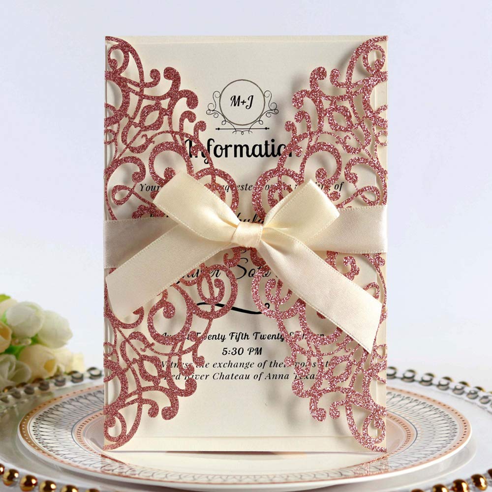 50PCS Rose Gold Glitter Wedding Invitation Cards Set - 5” x 7.2” Laser Cut Blank Invites with Envelopes & Ribbon, Floral Lace Design for Quinceañera, Bridal Shower, Birthday & Anniversary Parties - Elegant Stationery for Special Celebrations