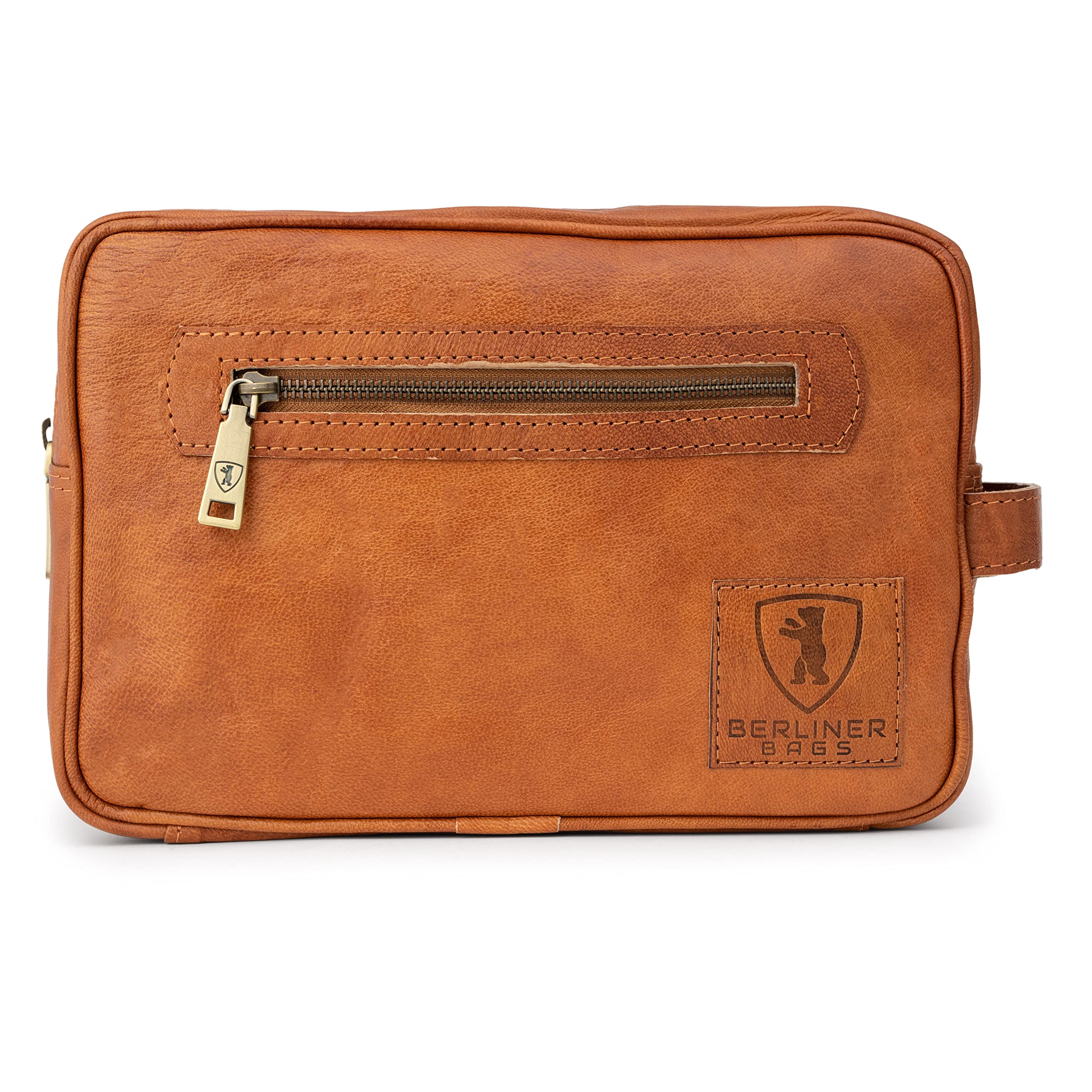 BERLINER BAGS Vintage Leather Toiletry Bag for Men & Women - Brown Cosmetic Travel Case with 1 Compartment | Perfect for Gym, Business Trips & Weekend Getaways