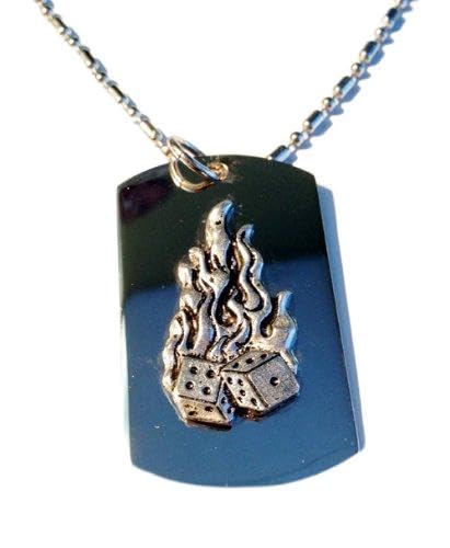 Flaming Dice Gambling Pewter Emblem - Military Dog Tag, Luggage Tag, Keychain & Necklace for Casino Lovers & Gamers | Perfect for Gifts, Cosplay, and Gaming Events