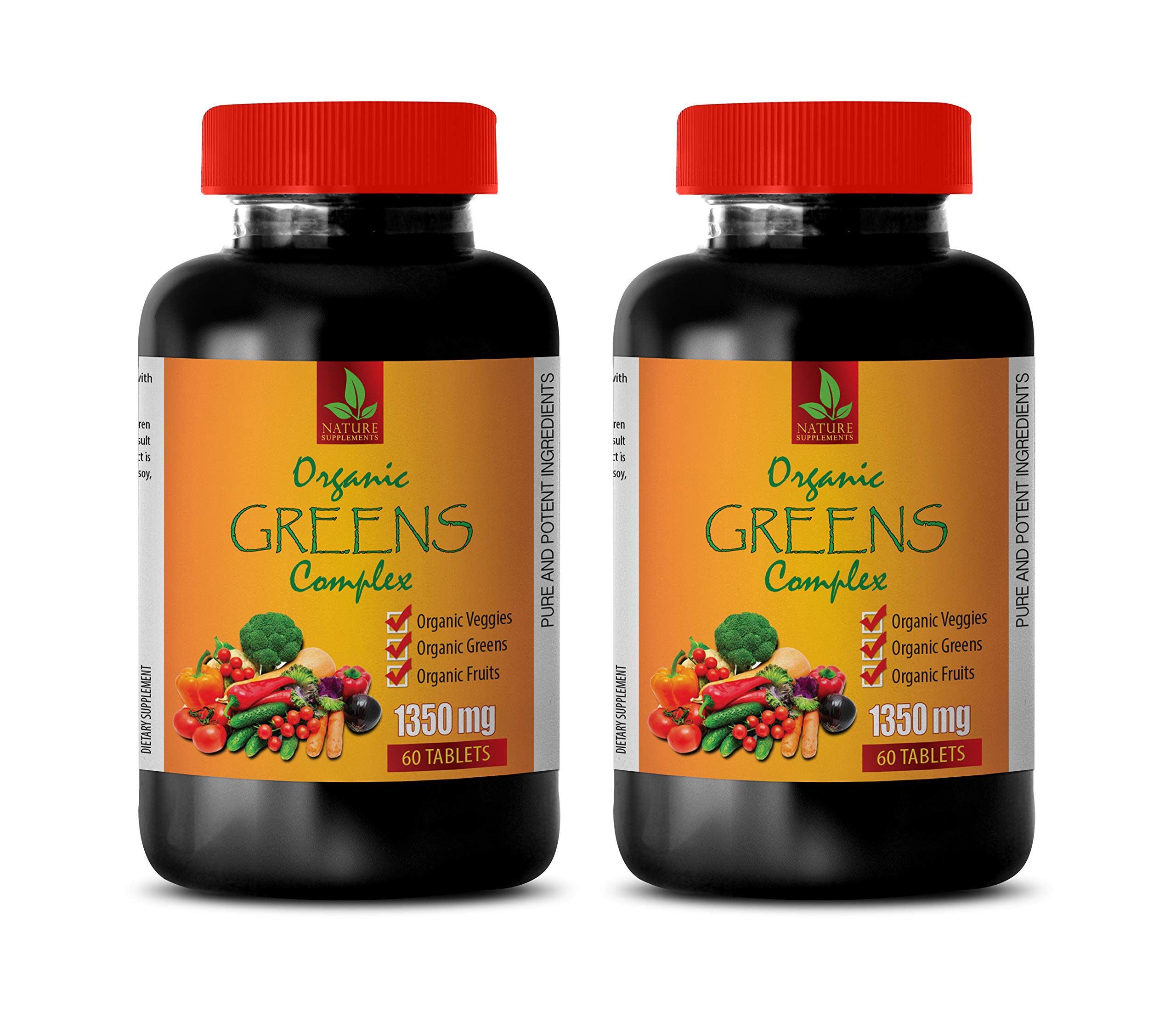 Organic Greens Complex Supplement 1350mg - Strawberry Flavor - 2 Bottles (120 Tablets) - Superfood Powder Alternative for Energy Boost & Detox - Perfect for Daily Wellness Routine & Active Lifestyle