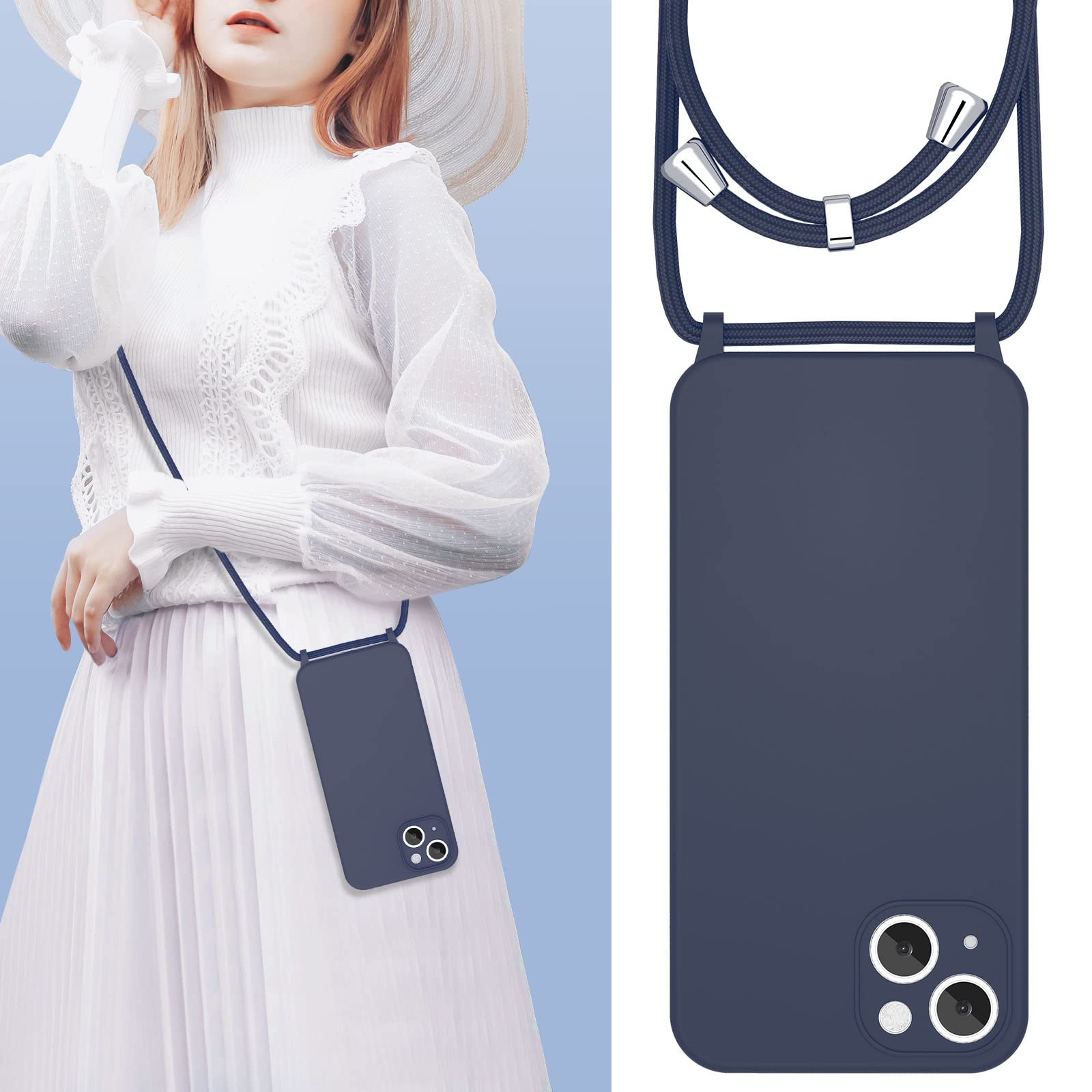 UEEBAI Adjustable Crossbody Lanyard Phone Case for iPhone 15 (6.1 inch) - Shockproof Silicone Cover with Soft Neck Strap, Belt Cord & Protective Design - Deep Blue - Perfect for Travel, Work, Gym & Outdoor Activities
