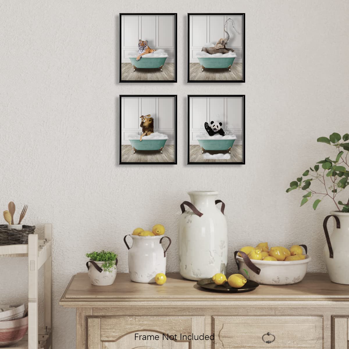 Funny Animal Wall Art for Bathroom - Elephant, Tiger, Panda & Lion Decor - Modern Powder Room Posters - Cute Bathroom Signs for Women & Kids - Unique Bath Wall Decor for Home, Nursery or Guest Bathroom