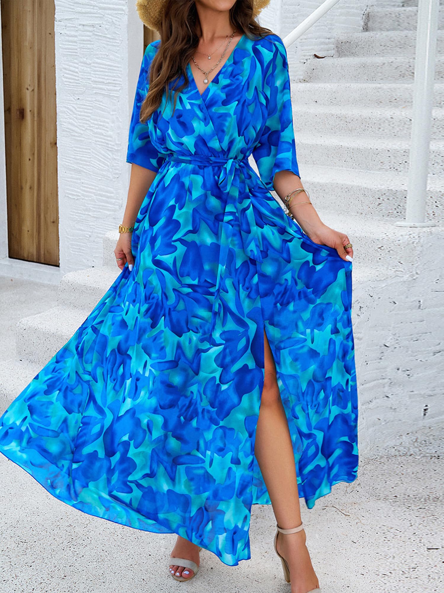 Women's Floral Wrap V-Neck Chiffon Maxi Dress - Half Sleeve Casual Summer Dress for Wedding Guest, Beach Party & Vacation 2025