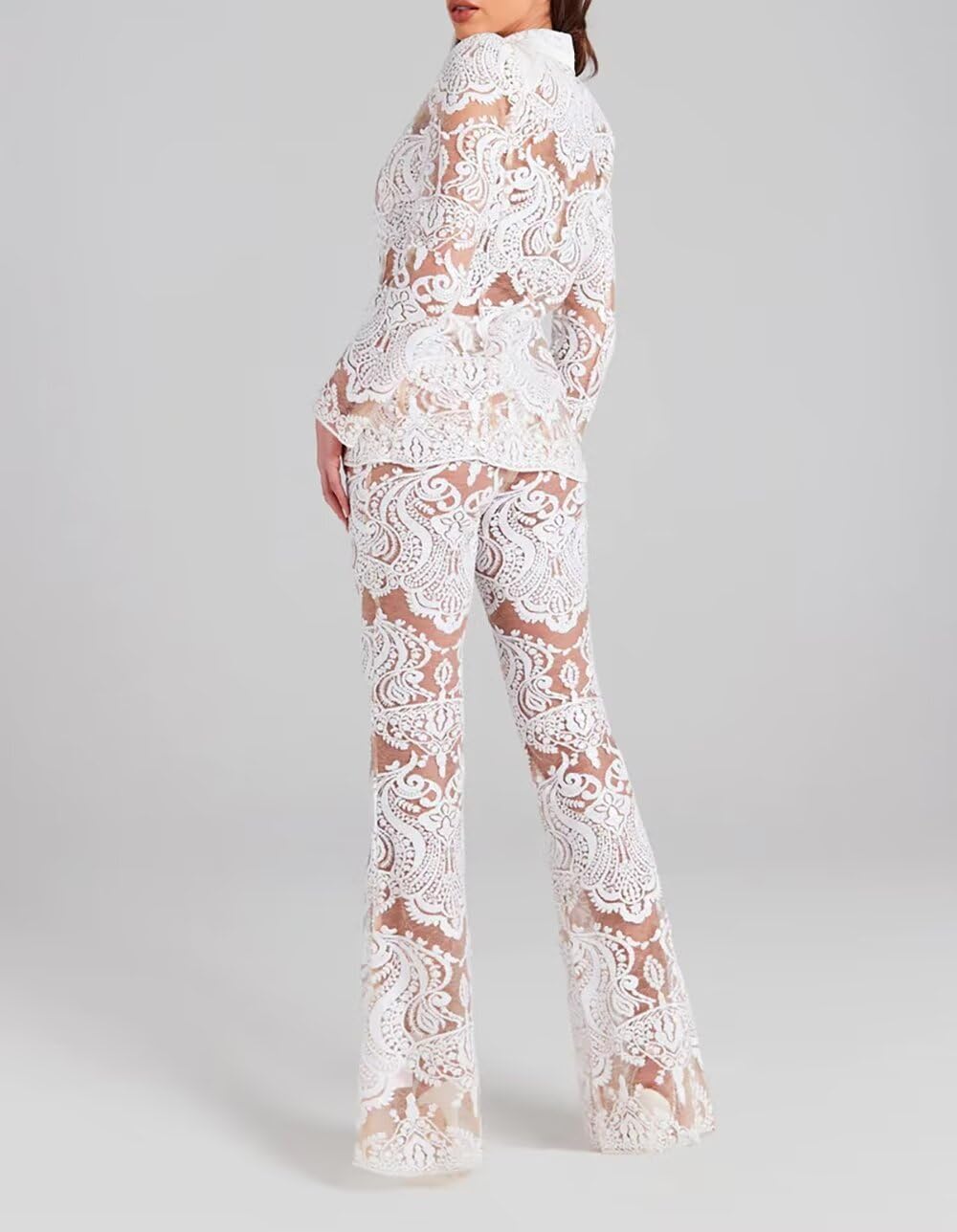 Women's 2-Piece Suit Set - Elegant Lace & Sequin Blazer with Flare Pants for Office, Party & Special Occasions | Fashionable Single-Button Blazer Outfit