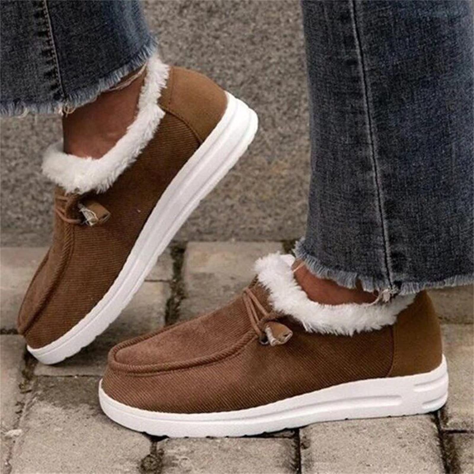 Women's Winter Booties - Low Heel Fuzzy Slippers & Warm House Shoes | Comfortable Slip-On Loafers & Casual Ankle Boots | Cozy Indoor/Outdoor Winter Footwear for Women (Brown) | Perfect for Home, Office & Holiday Parties