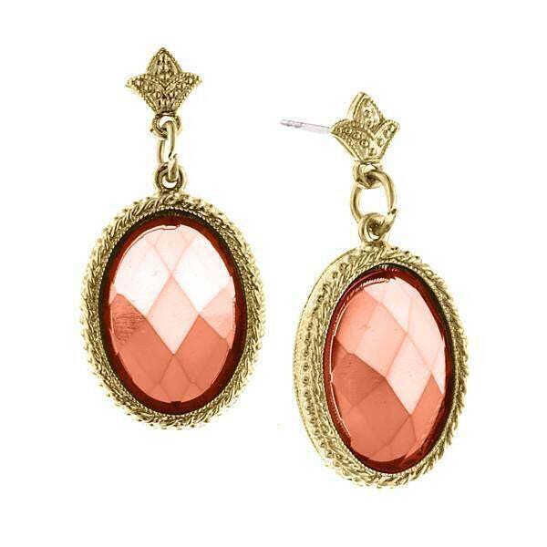 1928 Vintage Coral Oval Faceted Drop Earrings for Women - Elegant Dangling Jewelry for Parties, Weddings & Special Occasions