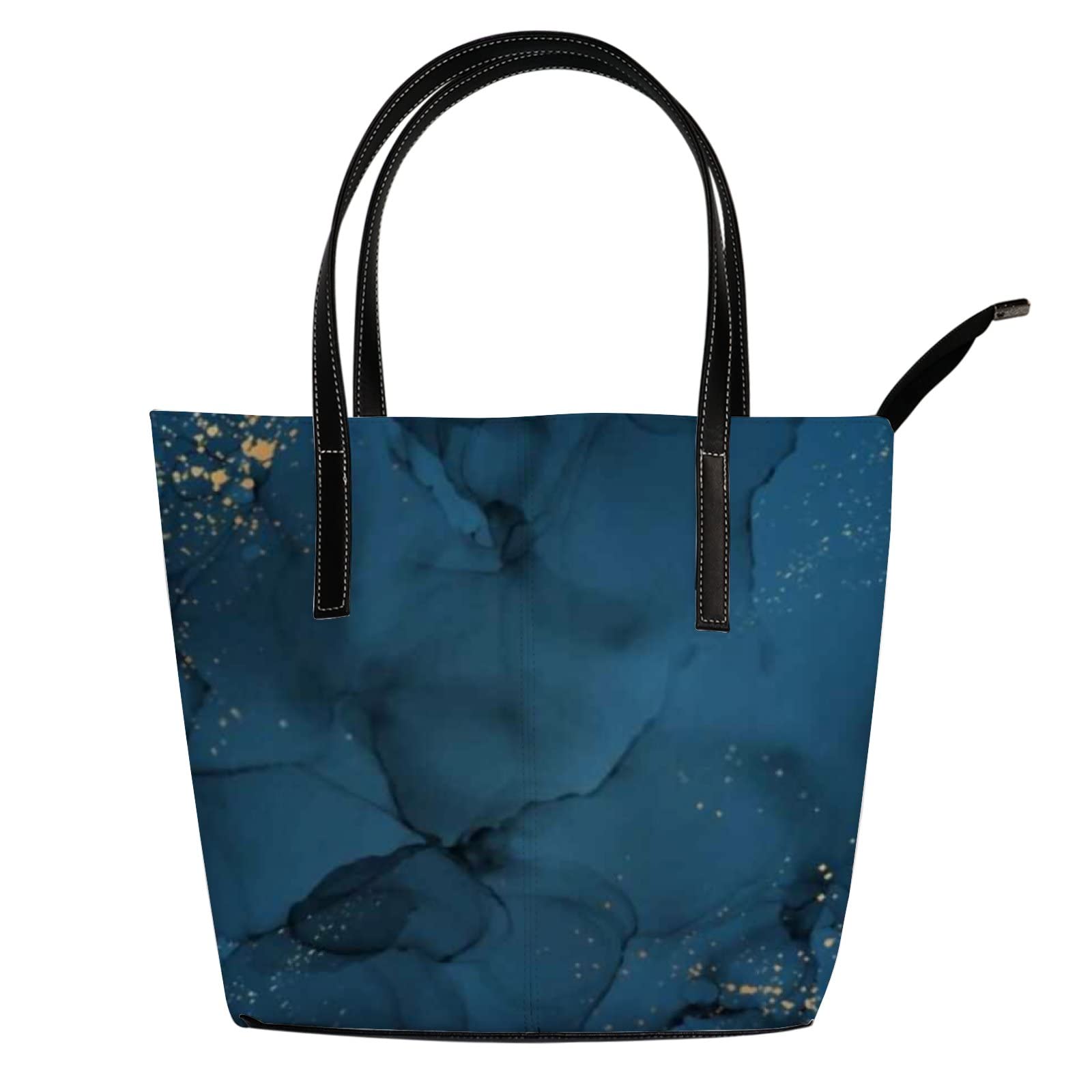 Vintage Navy Blue Leather Tote Bag with Gold Glitter for Women - Stylish Crossbody & Work Handbag with Zipper | Perfect for Office, Travel & Everyday Use