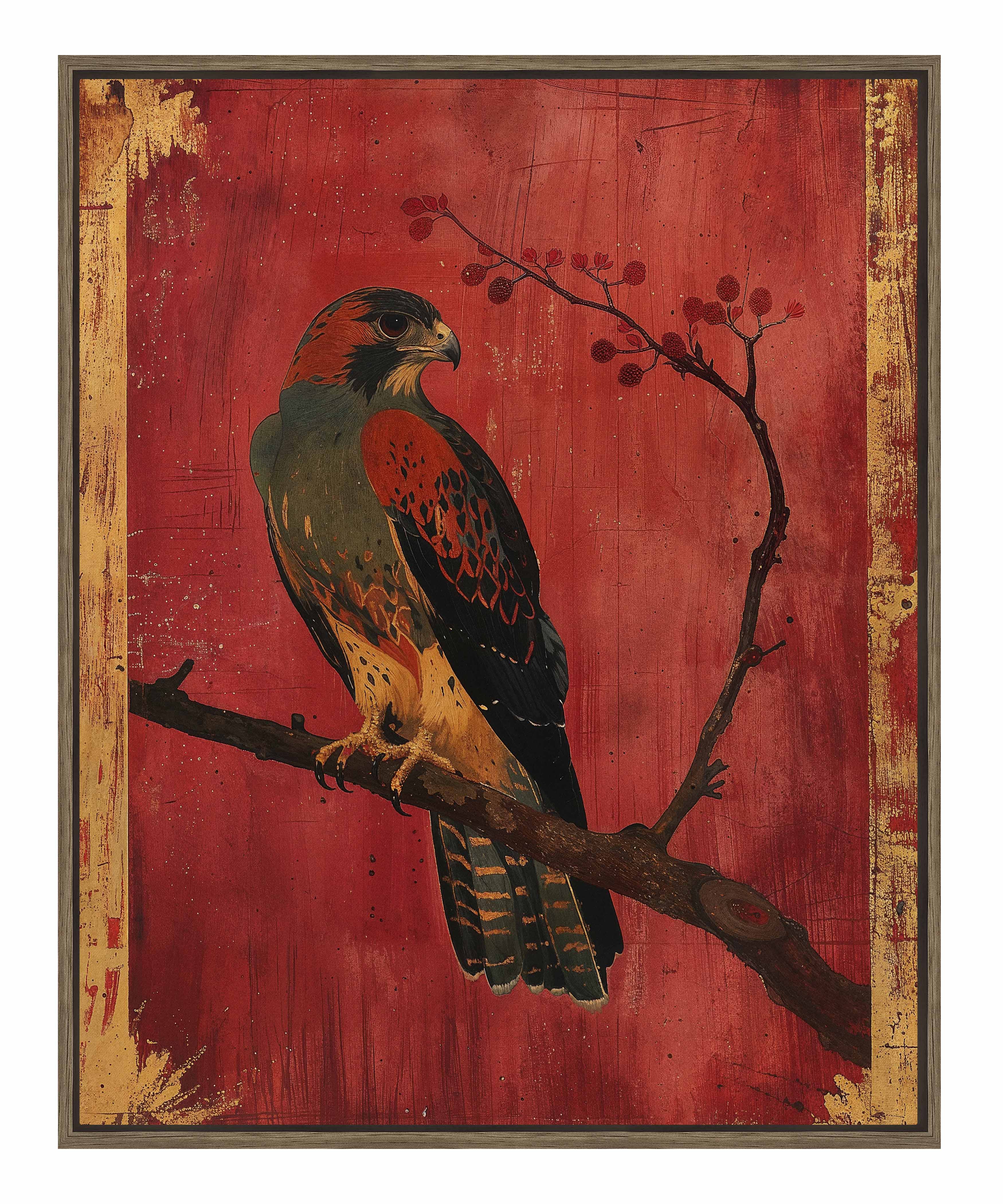 Crimson Majesty Falcon of the Silk Road Wall Art - Handmade Gallery Wrapped Canvas Painting for Living Room, Bedroom & Office Decor
