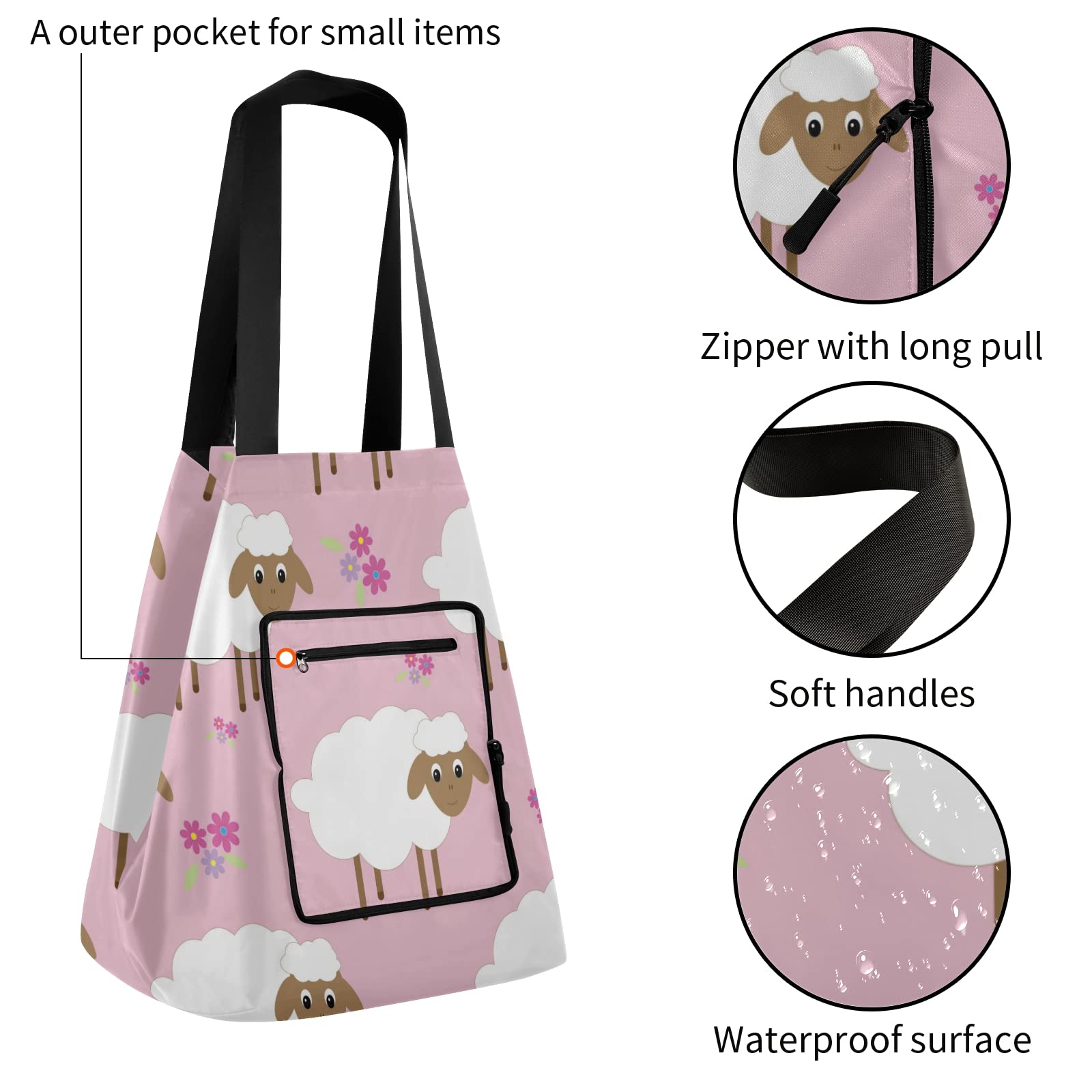ALAZA Cute Sheep Print Large Pink Tote Bag - Reusable Foldable Grocery Shopping Bag with Handles for Women, Lightweight Shoulder Bag for Outdoor Picnic, Travel, Beach & Daily Use