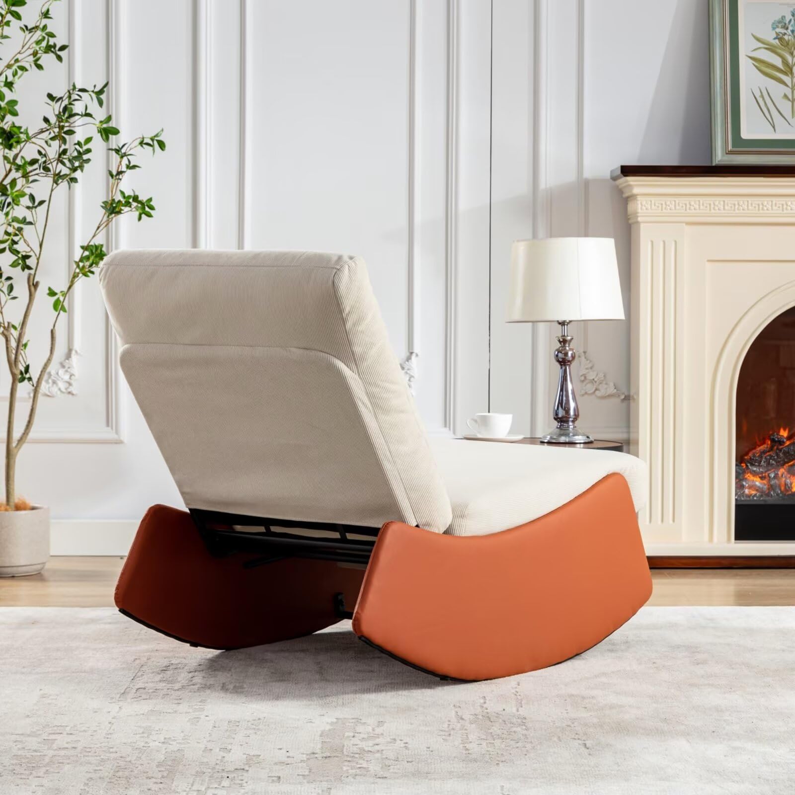 Comfortable Upholstered Glider Rocking Chair with High Backrest, Padded Seat & Footrest - Nursery, Reading & Accent Armchair for Living Room, Bedroom, Nursery & Studio (Orange & Beige) - Perfect for Nursing, Relaxing & Home Decor