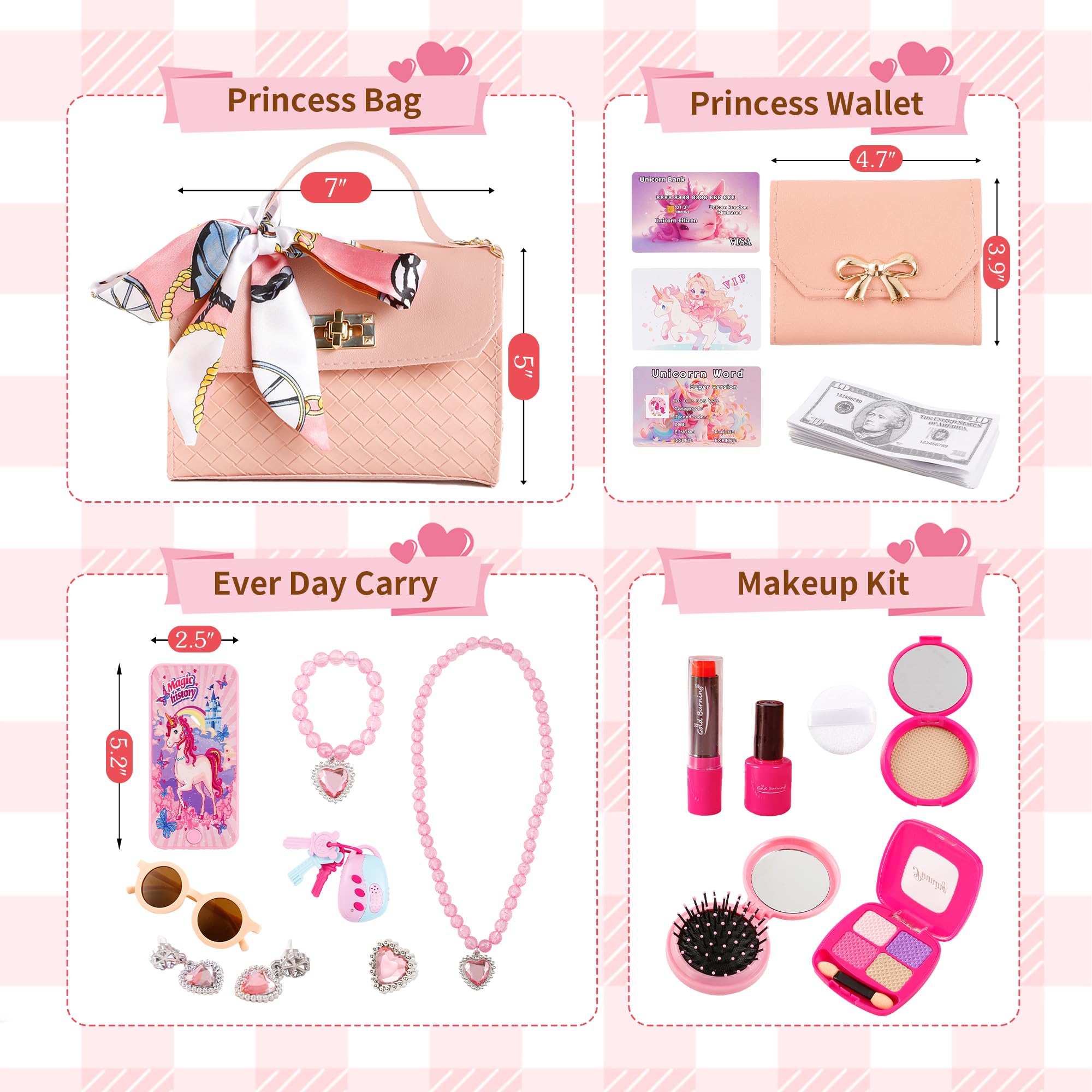 36PCS Princess Pretend Play Set for Girls - Cosmetic Bag, Handbag, Wallet, Mobile Phone & Keys - Perfect Birthday Gift for 3-8 Year Old Girls | Role Play, Dress Up & Imaginative Play Toys