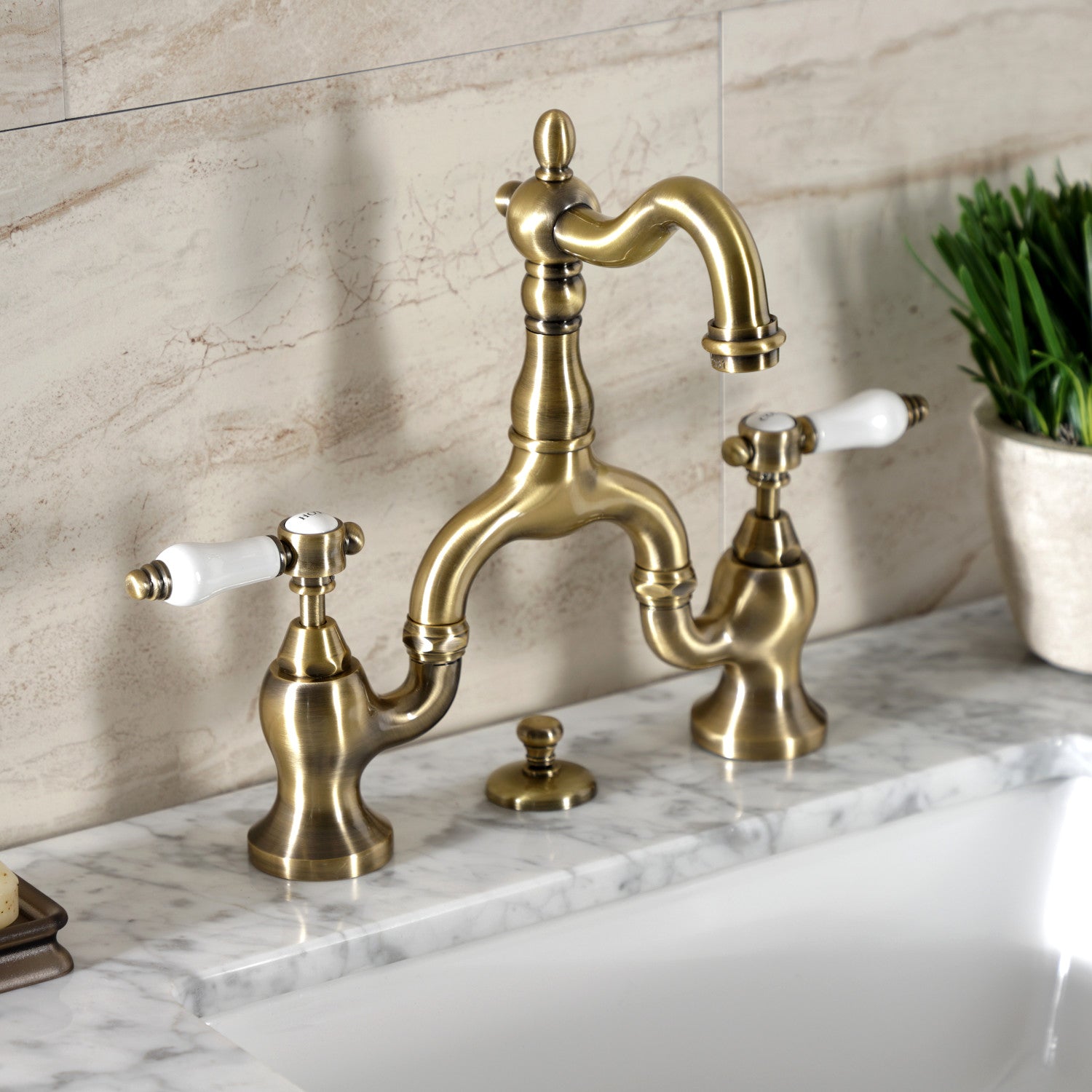 Bel Air KS7973BPL Antique Brass 3-Hole Deck Mount Bathroom Faucet with Two Handles & Brass Pop-Up Drain - Perfect for Vintage Style Bathrooms and Powder Rooms