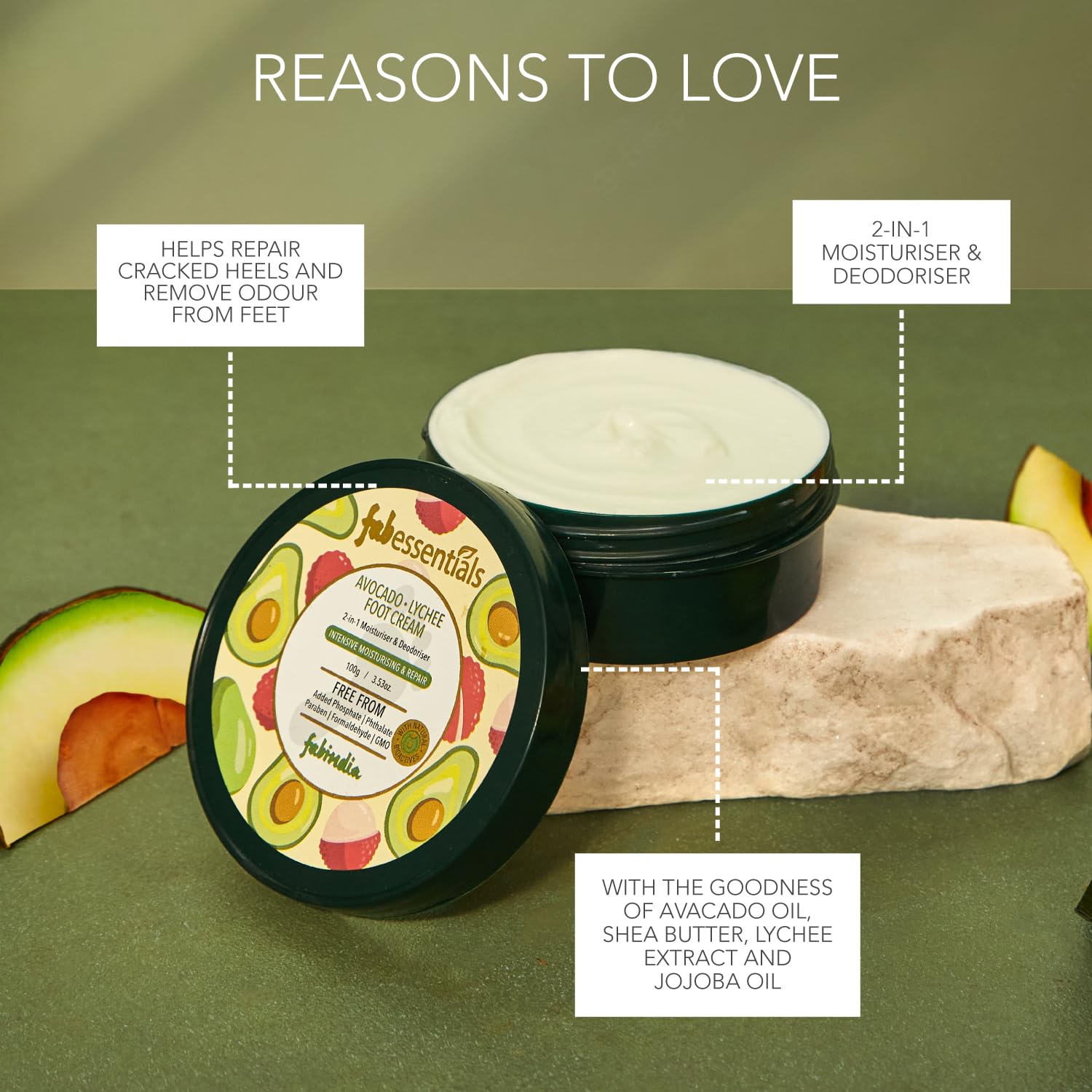 Fabessentials Avocado Lychee Foot Cream with Shea Butter & Jojoba Oil - 2-in-1 Moisturizing & Deodorizing Foot Treatment for Dry Cracked Heels - Intensive Hydration & Repair - 100g - Perfect for Pedicures, After Workout & Overnight Foot Care