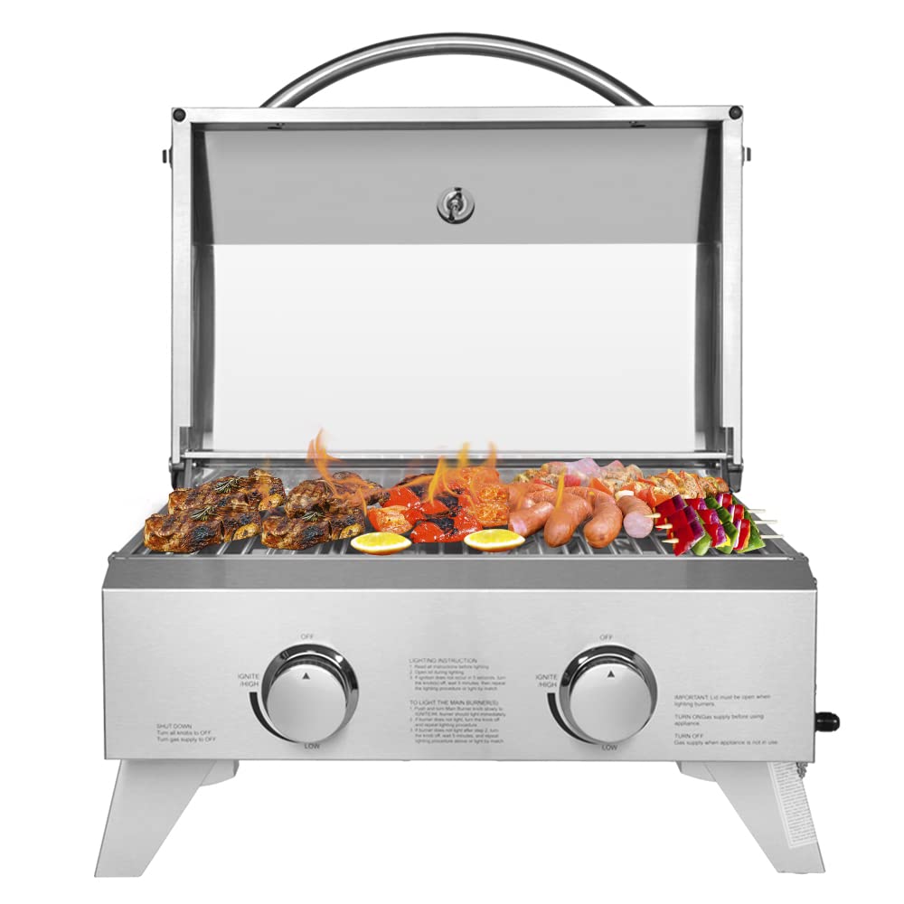 ROVSUN 2-Burner Portable Gas Grill with 20,000BTU, Stainless Steel Camping Griddle for Outdoor BBQ, Patio, Picnic & Tailgating - Perfect for Backyard, Garden & Home Use with Regulator & Hose Included