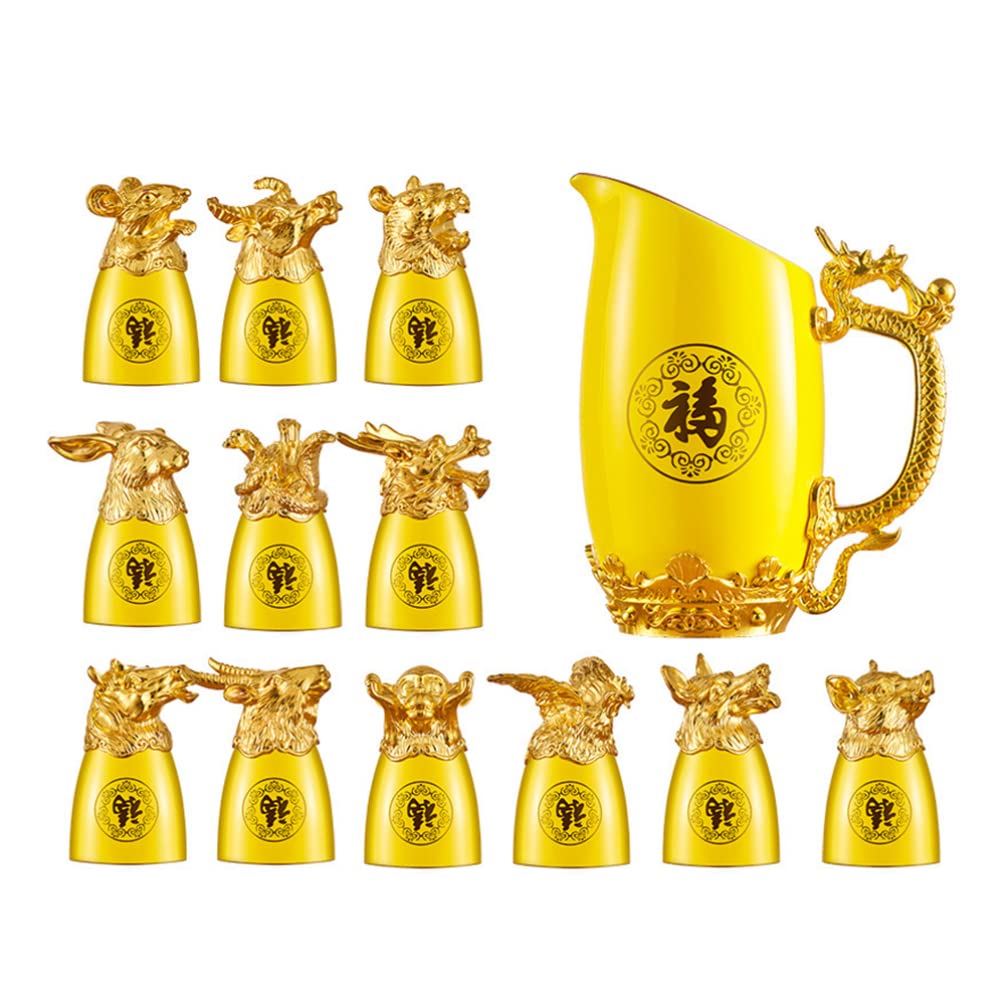Vintage Chinese 12 Zodiac Sign Shot Glass Set - Whiskey, Soju & Baijiu Decanter with Retro Dispenser - Perfect for Home Bars, Asian-Themed Parties & Gift Giving
