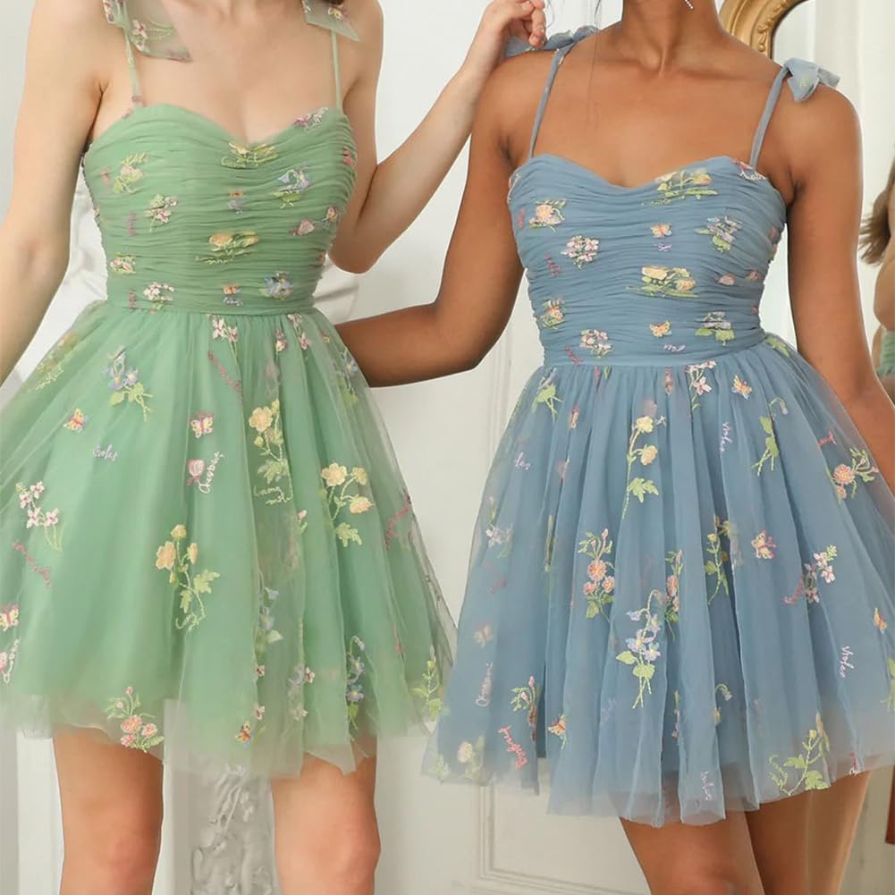 Elegant Women's Tie Strap Tulle Prom Dress with Sweetheart Neckline & Floral Embroidery - Short Formal Party Mini Homecoming Dress for Prom Night, Wedding Guest, Cocktail Party & Special Occasions