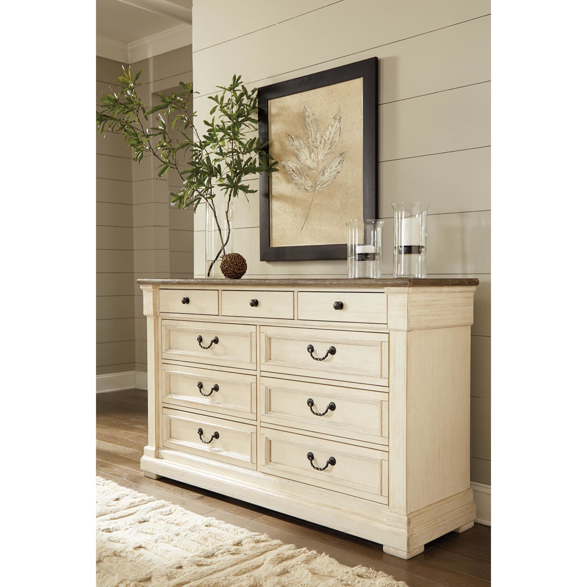 Bolanburg 4-Piece Bedroom Furniture Set - Queen Size Bed Frame, Nightstand, Dresser & Mirror in Antique White Finish | Perfect for Master Bedroom, Guest Room & Apartment Decor