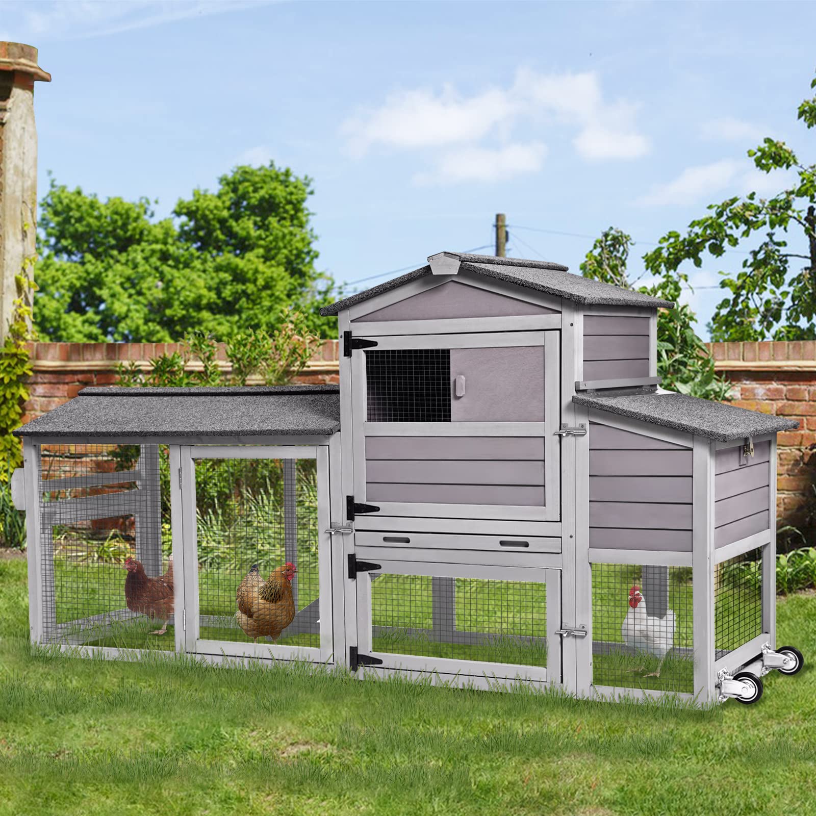 GUTINNEEN 80in Mobile Chicken Coop with Run - Portable Wooden Poultry Cage, Rabbit Hutch with Nesting Box & Wheels - Ideal for Backyard Farming, Poultry Raising & Small Animal Shelter