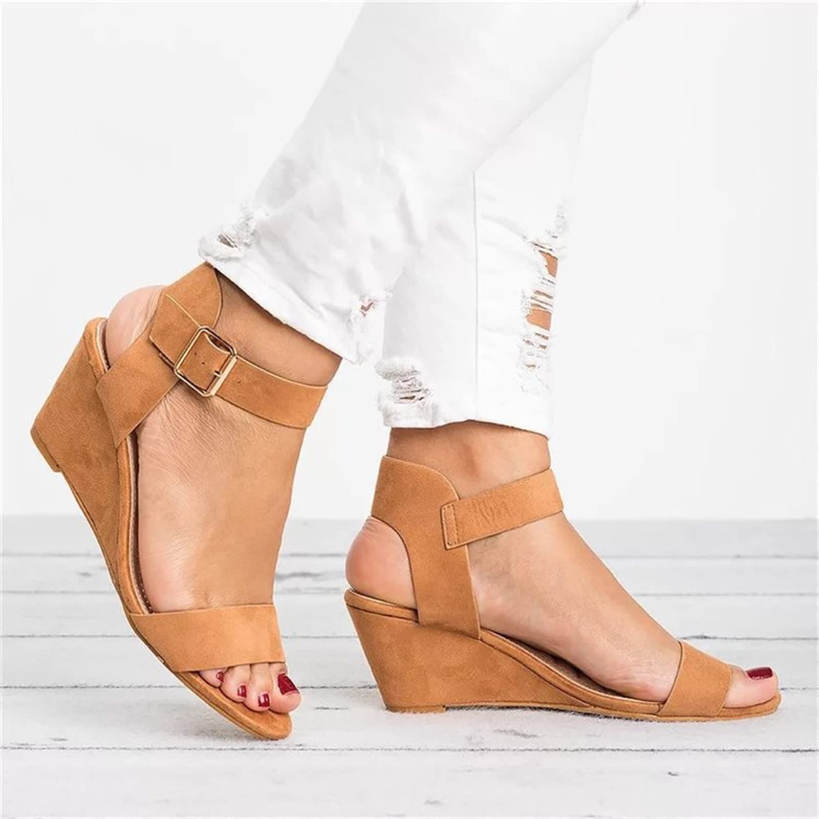 Women's Wedge Sandals - Open Toe Dressy Summer Platform Sandals with Buckle Ankle Strap | Comfortable Beach Wedges for Casual Outings, Vacations & Summer Parties
