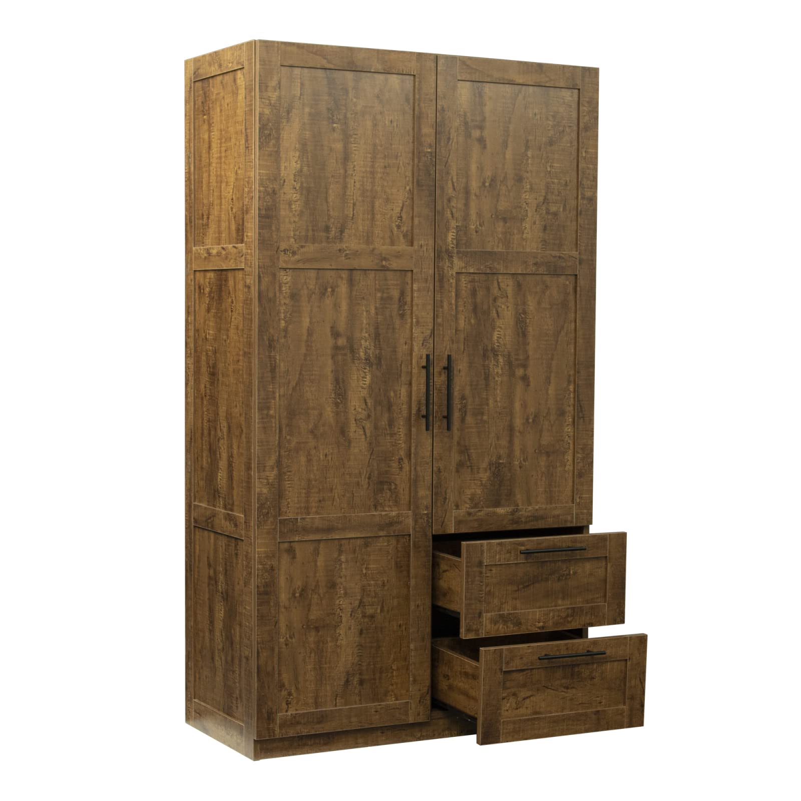 Double Door Wardrobe Closet - Solid Wood Tall Storage Cabinet with 2 Drawers & 5 Shelves, Freestanding Armoire with Hanging Rod for Clothes Organization - Perfect for Bedroom, Guest Room or Walk-in Closet (Walnut Finish)