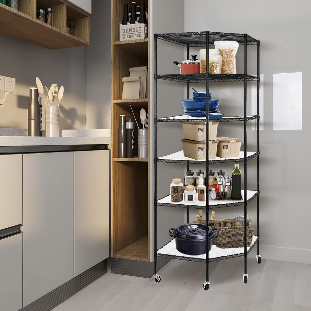 6-Tier Adjustable Corner Shelf with Wheels - Heavy Duty Metal Wire Storage Rack for Kitchen, Bathroom, Laundry, Pantry & Closet Organization (27