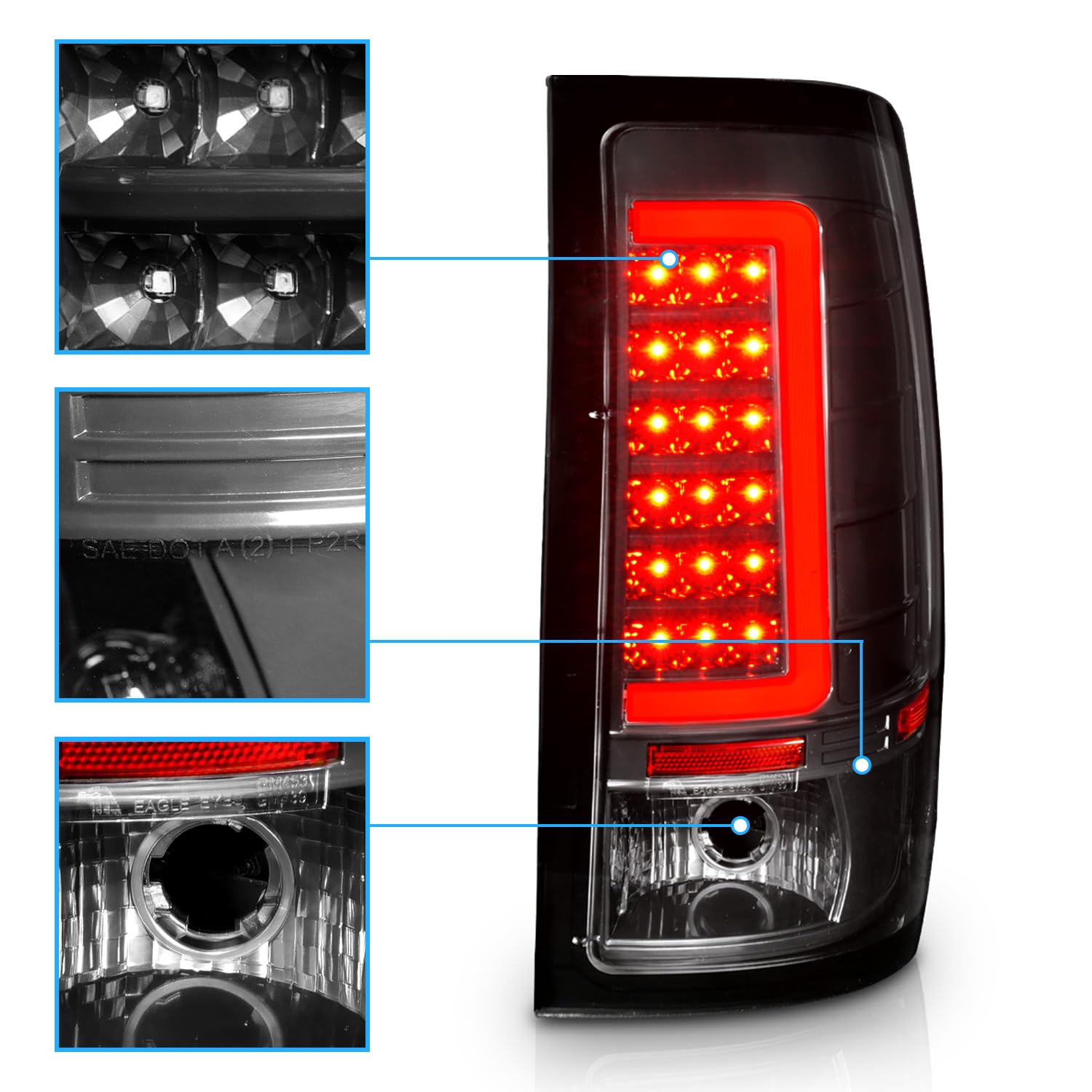 AmeriLite LED Tail Lights for 2007-2014 GMC Sierra 1500/2500HD/3500HD - C-Shape Black Taillight Assembly Pair (Driver & Passenger Side) - Durable & Bright Replacement for Enhanced Night Visibility & Style