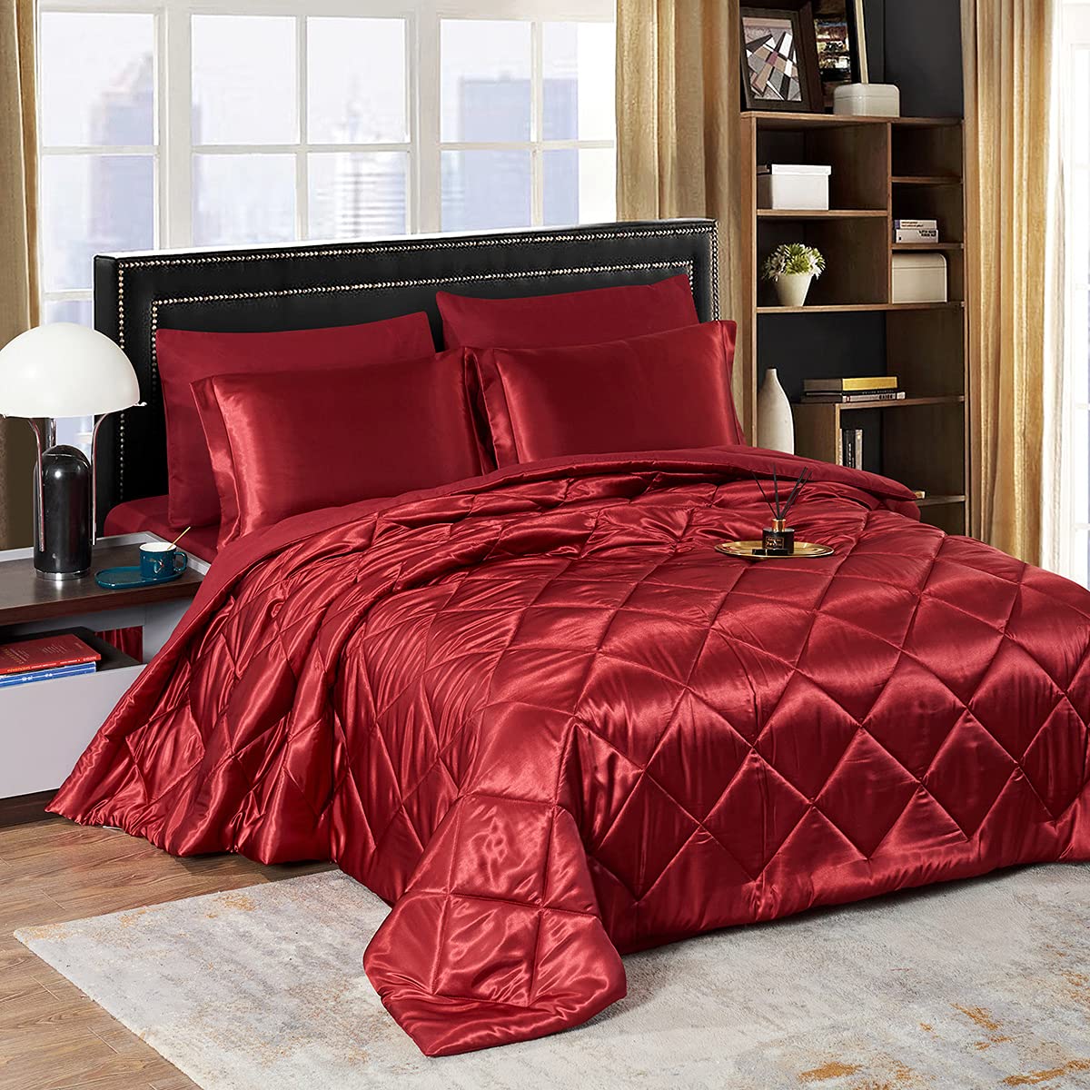 Luxury 8-Piece Satin Queen Comforter Set - Silky Soft Burgundy Bedding with 2 Pillowcases, 2 Shams & 1 Bed Skirt - Perfect for Master Bedroom, Guest Room & Hotel Decor