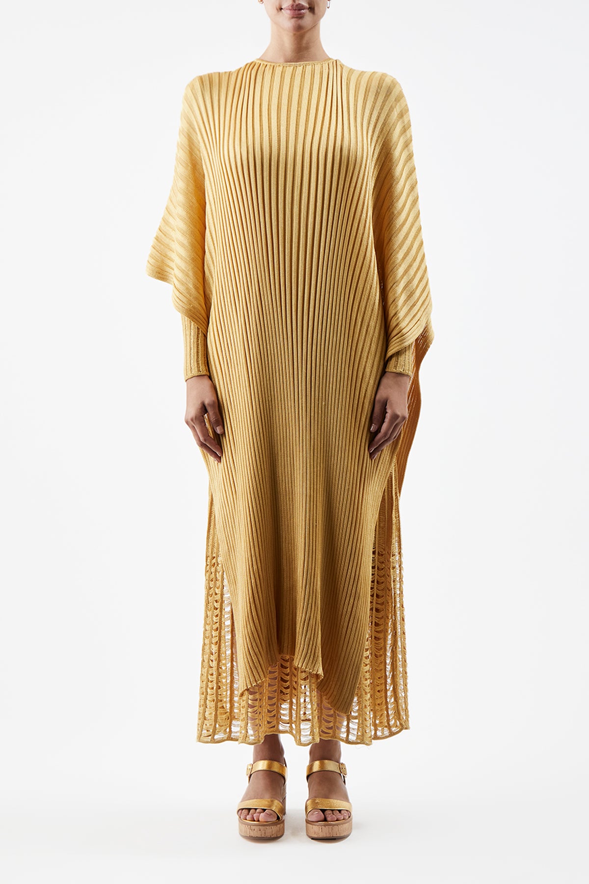 Taos Knit Poncho in Gold Silk - Women's Elegant Boho Chic Shawl Wrap for Fall & Winter | Perfect for Holidays, Parties & Casual Outings
