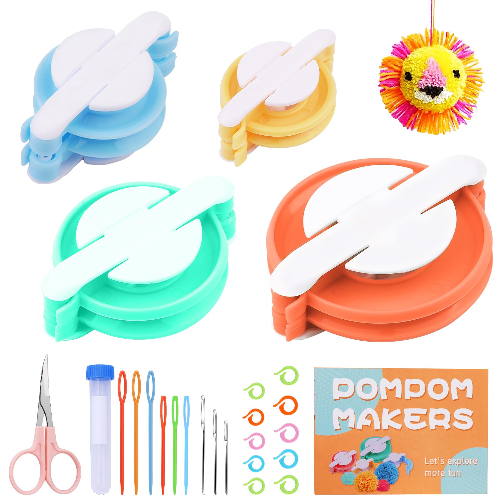 FTEVEN 27Pcs Pom Pom Maker Kit - 4 Sizes Fluffy Yarn Ball Maker for DIY Crochet, Knitting & Crafting - Includes Scissors & Instructions - Perfect for Home Decor, Gift Wrapping & Party Decorations
