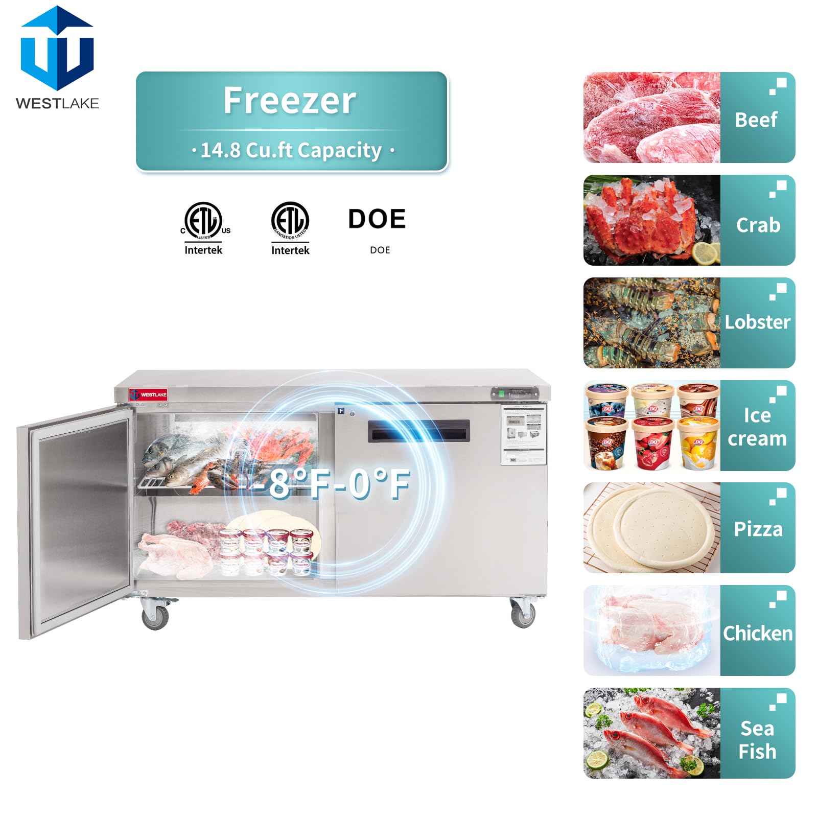 WESTLAKE 60-Inch Commercial Undercounter Freezer - 14.8 Cu.Ft Stainless Steel Worktop Freezer with Fan Cooling System | Perfect for Restaurants, Bars, and Food Prep Stations | Ideal for Commercial Kitchens, Catering Services, and High-Volume Food Storage