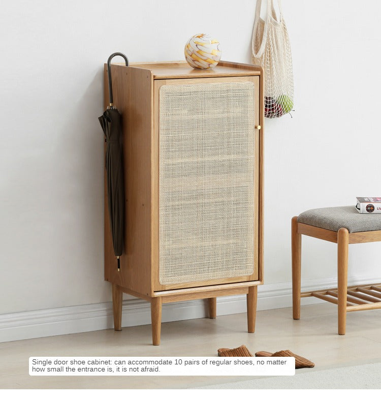 Solid Oak Wood Shoe Storage Cabinet with Rattan Doors - Organize Shoes Neatly in Entryway, Bedroom or Closet