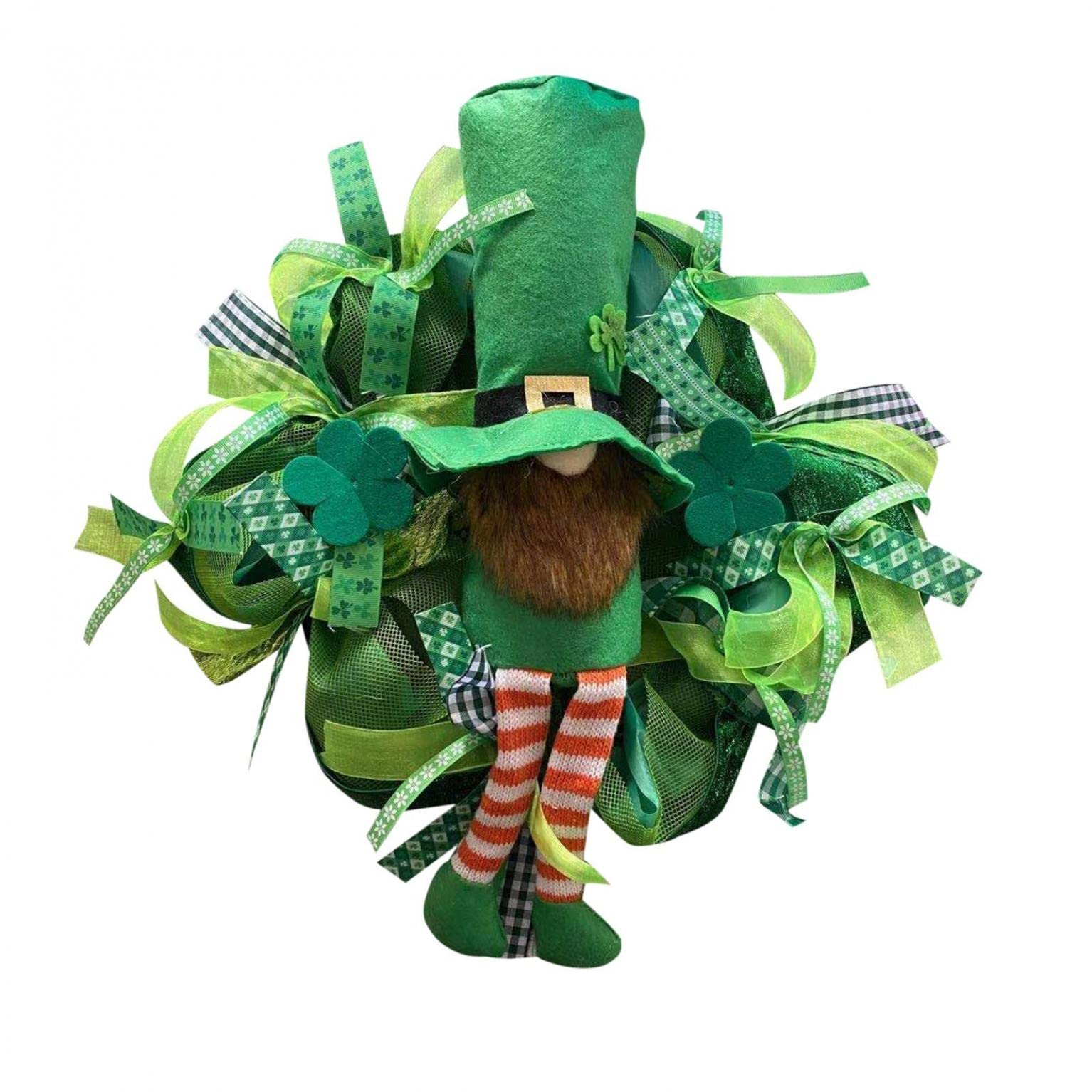 St. Patrick's Day Wreath - Irish Clover & Leprechaun Front Door Decor with Lucky Gnome & Ribbon - Perfect for St. Patrick's Party, Home & Office Decorations