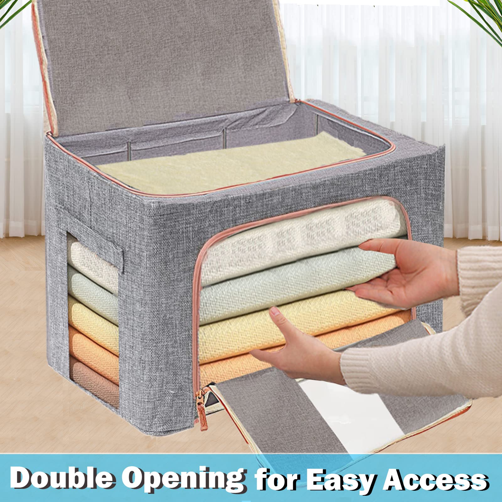 Stackable Clothes Storage Organizer Bags - 2 Pack Foldable Metal Frame with Zipper, Handles & Clear Window - 66L Gray Storage Containers for Blankets, Sweaters, Comforters & Pillows | Perfect for Closet, Bedroom & Seasonal Storage Organization