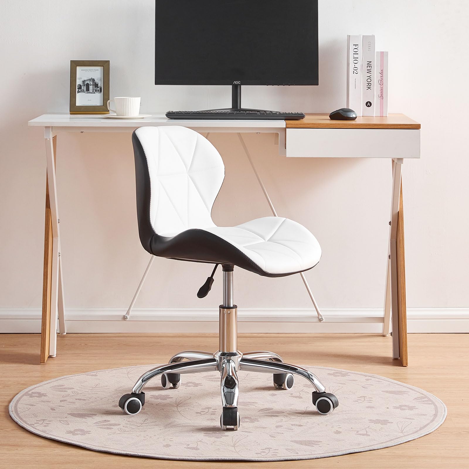 CLIPOP Swivel Office Chair - Adjustable Leather Computer Chair, Comfortable Makeup Chair with Wheels for Bedroom, Living Room, Office (White+Black) - Perfect for Home Office, Gaming Setup & Vanity Area