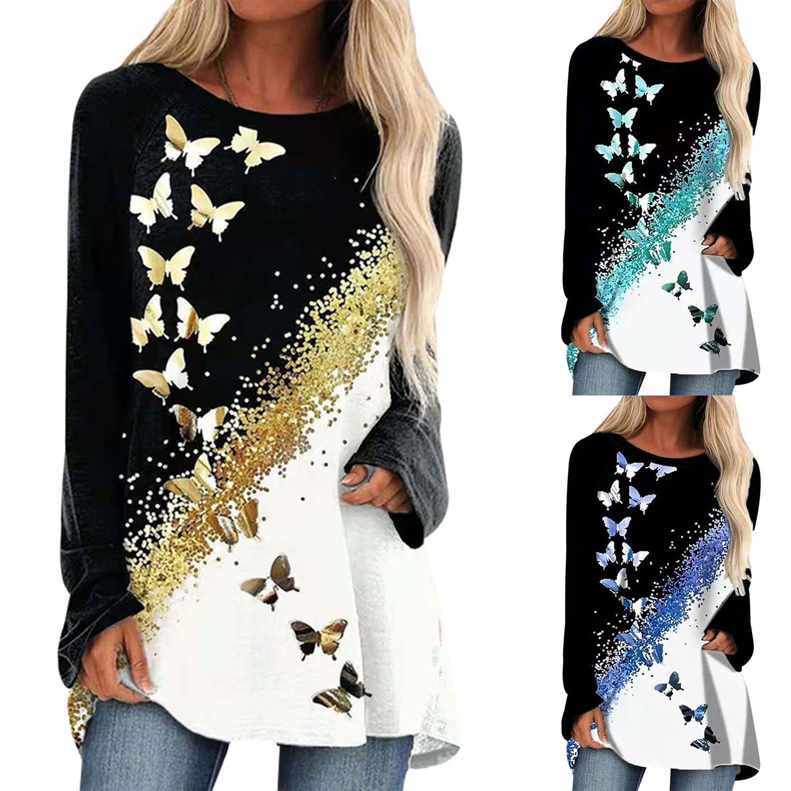 Women's Long Sleeve Butterfly Print Sweatshirt - Cute Graphic Pullover Top with Crewneck - Perfect for Casual Wear, Fall Fashion & Everyday Outfits