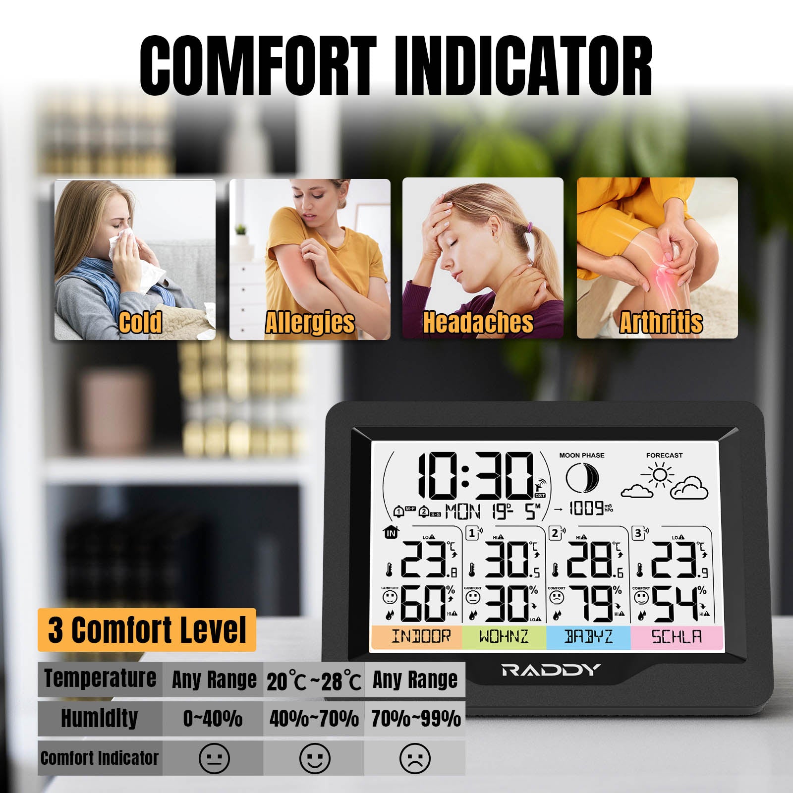 Raddy WF 60M Wireless Weather Station with 3 Remote Sensors - Customizable Sensor Names, Atomic Clock, Weather Forecast & Alerts for Home, Garden, and Outdoor Activities
