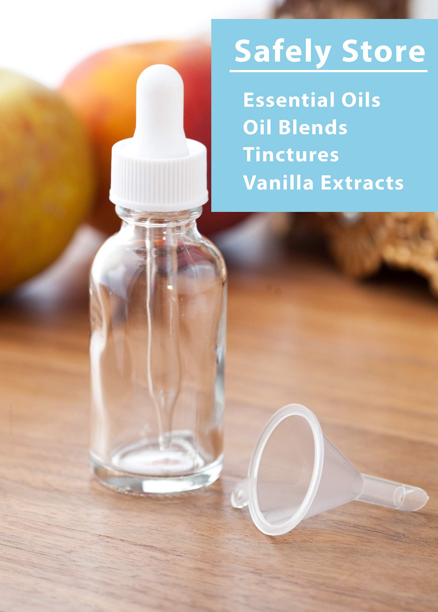 JUVITUS 1 oz (30 ml) Clear Glass Boston Round Bottle with White Dropper - 24 Pack + Free Funnel - Essential Oil Bottles, DIY Skincare, Travel Toiletries & Aromatherapy Supplies