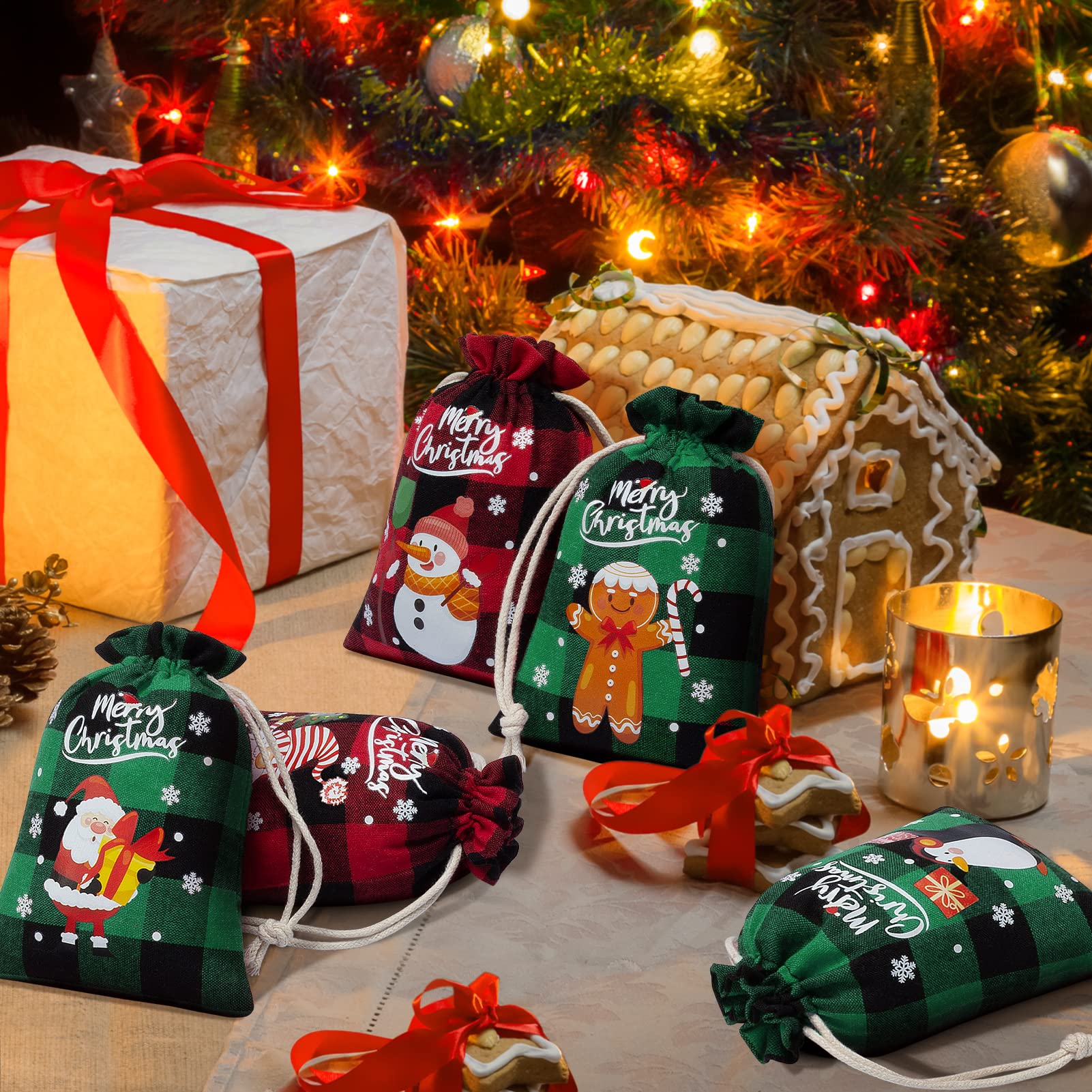 36Pcs Burlap Christmas Drawstring Bags - Buffalo Plaid Holiday Gift Bags for Candy, Treats & Party Favors | Reusable Xmas Favor Sacks for Gift Wrapping, Stocking Stuffers & Holiday Decorations