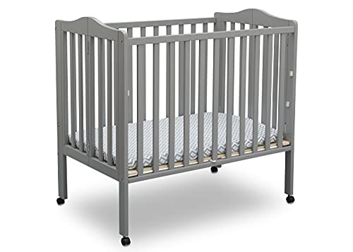 Delta Children Folding Portable Mini Baby Crib with 1.5-inch Mattress - Greenguard Gold Certified, Grey | Lightweight Travel Crib for Nursery, Bedroom & On-the-Go Parents