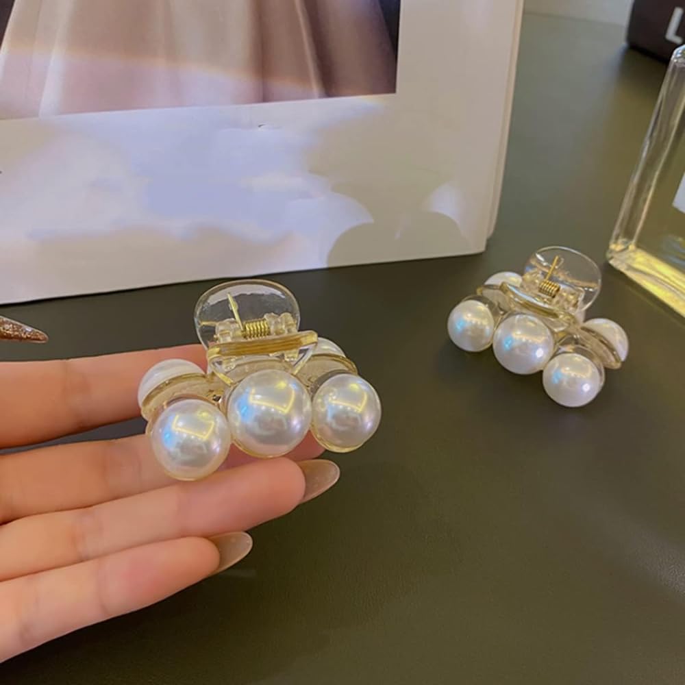 RSJ TRADERS Korean 3-Piece Big Pearl Hair Claw Clips - 4.5cm Plastic Hair Clips for Women, Strong Hold Barrettes for Thick & Thin Hair - Perfect for Updos, Ponytails & Everyday Styling