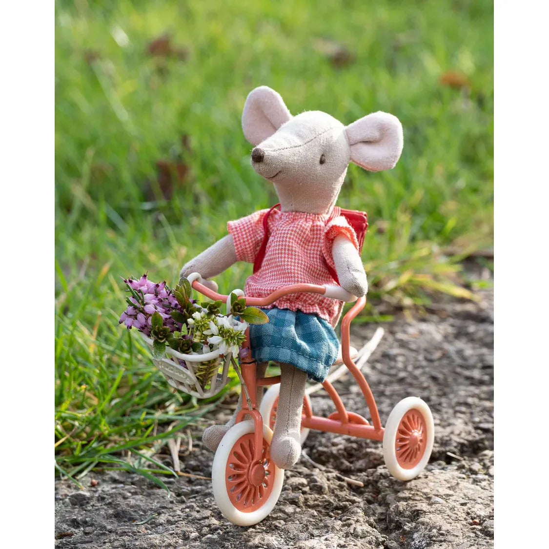 Maileg Tricycle Mouse in Coral - Adorable Miniature Toy for Kids' Pretend Play & Collectors - Perfect for Playtime, Gifts, and Nursery Decor