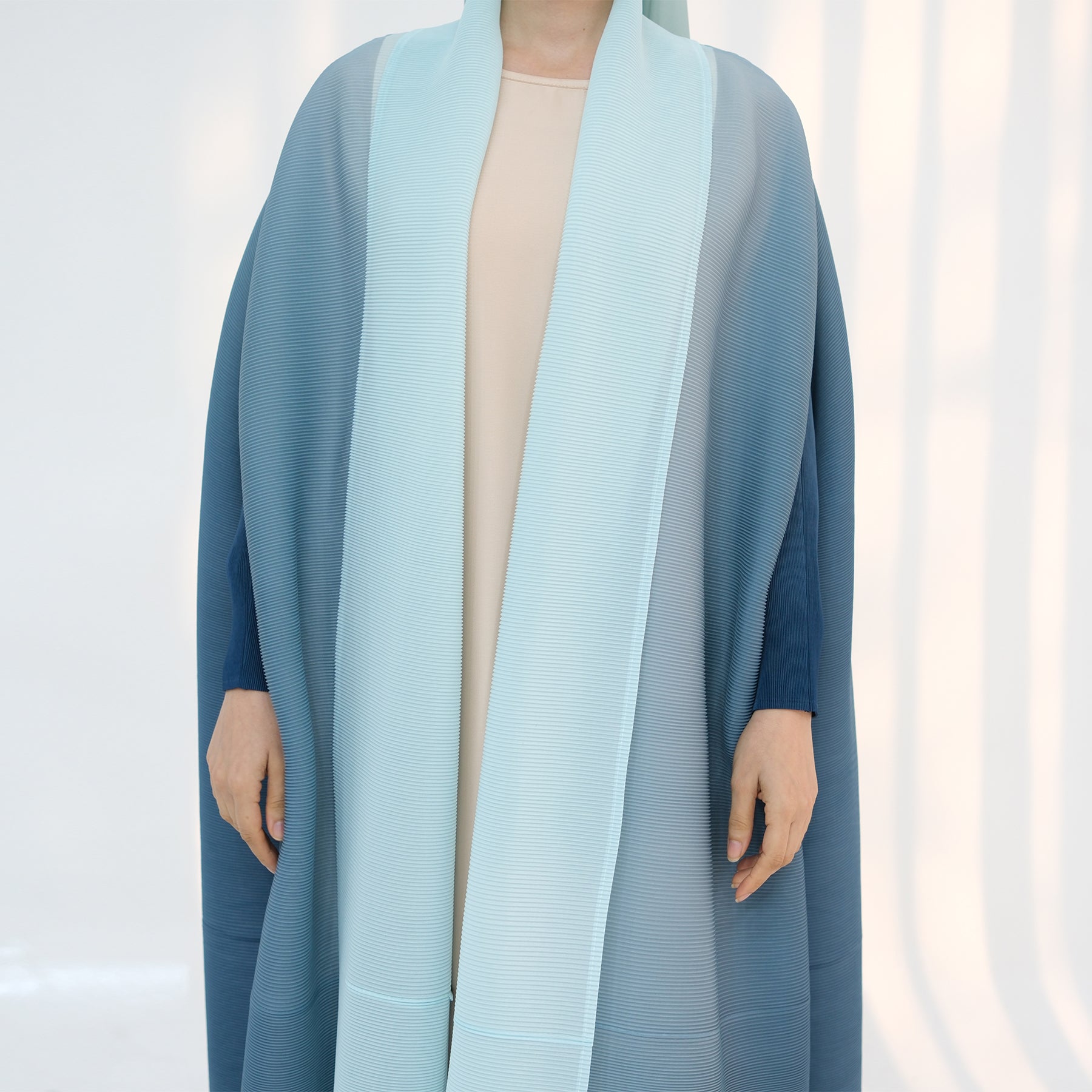 Elegant Pleated Ombre Kimono Open Abaya Dress - Blue Flowy Maxi Robe for Women | Perfect for Beach Cover Up, Evening Parties & Boho Fashion