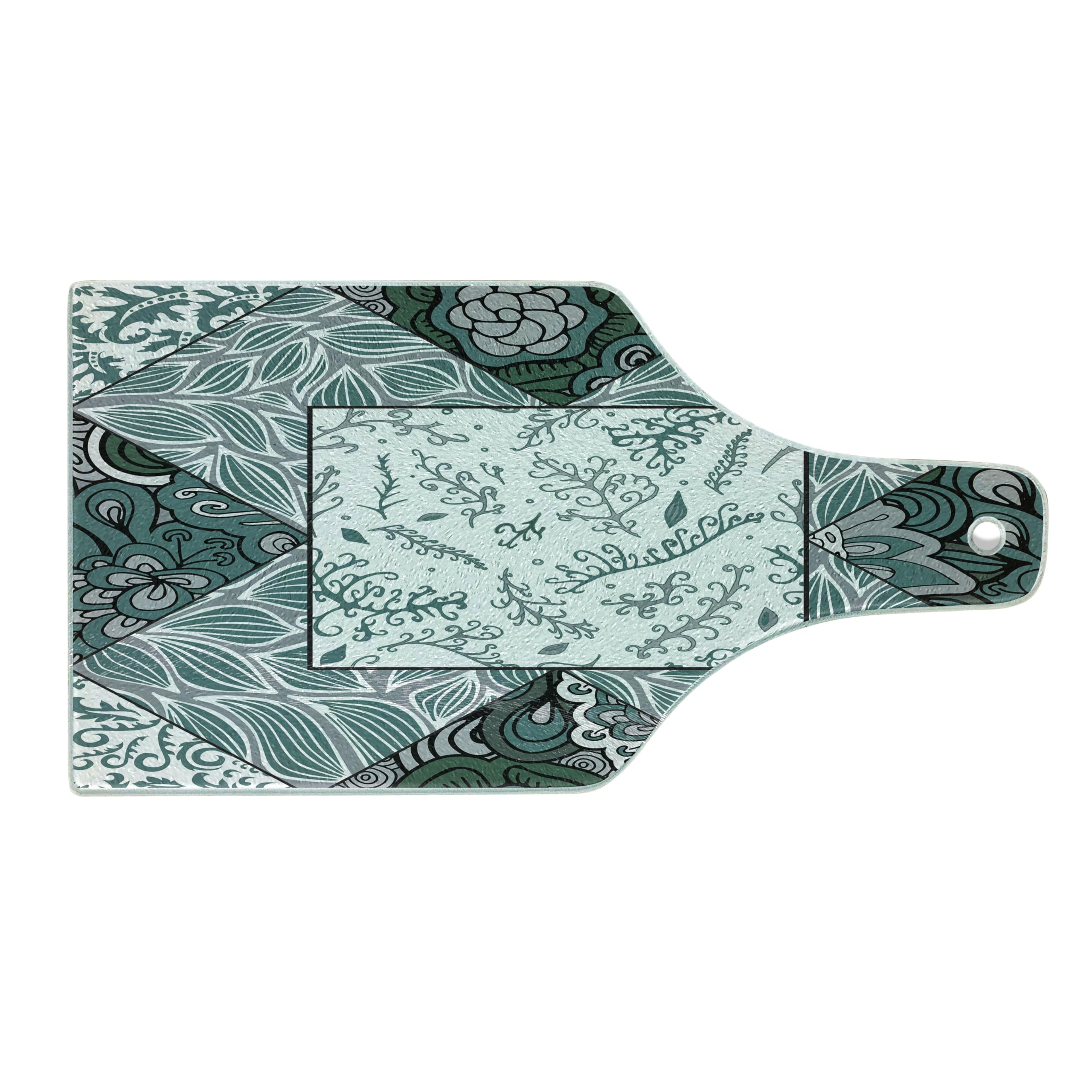 Ambesonne Boho Cutting Board - Shabby Chic Leaves & Floral Print Tempered Glass Serving Board, Wine Bottle Shape in Jade Green, Grey & White | Perfect for Charcuterie, Cheese Platters & Kitchen Decor